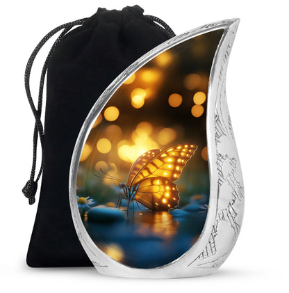 Charcoal Black Butterfly Cremation Urn front view showing detailed design - graceful tear-shaped urn with butterfly motif - full-size 10 inch 200 cubic inch adult cremation urn
