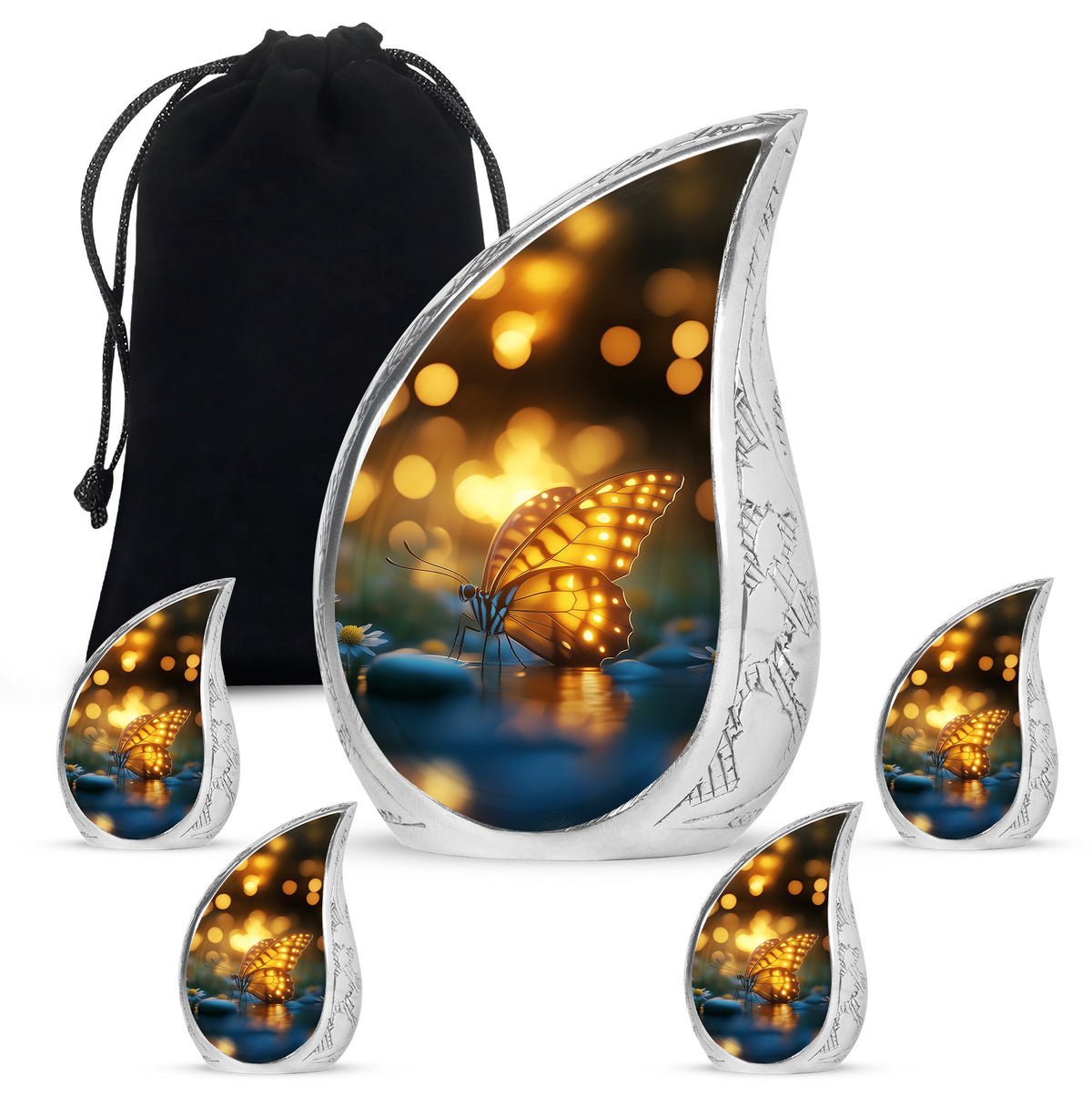 Obsidian Black Butterfly Cremation Urn side profile showing urn shape - smooth teardrop contour featuring butterfly art - memorial set with one large and four small urns