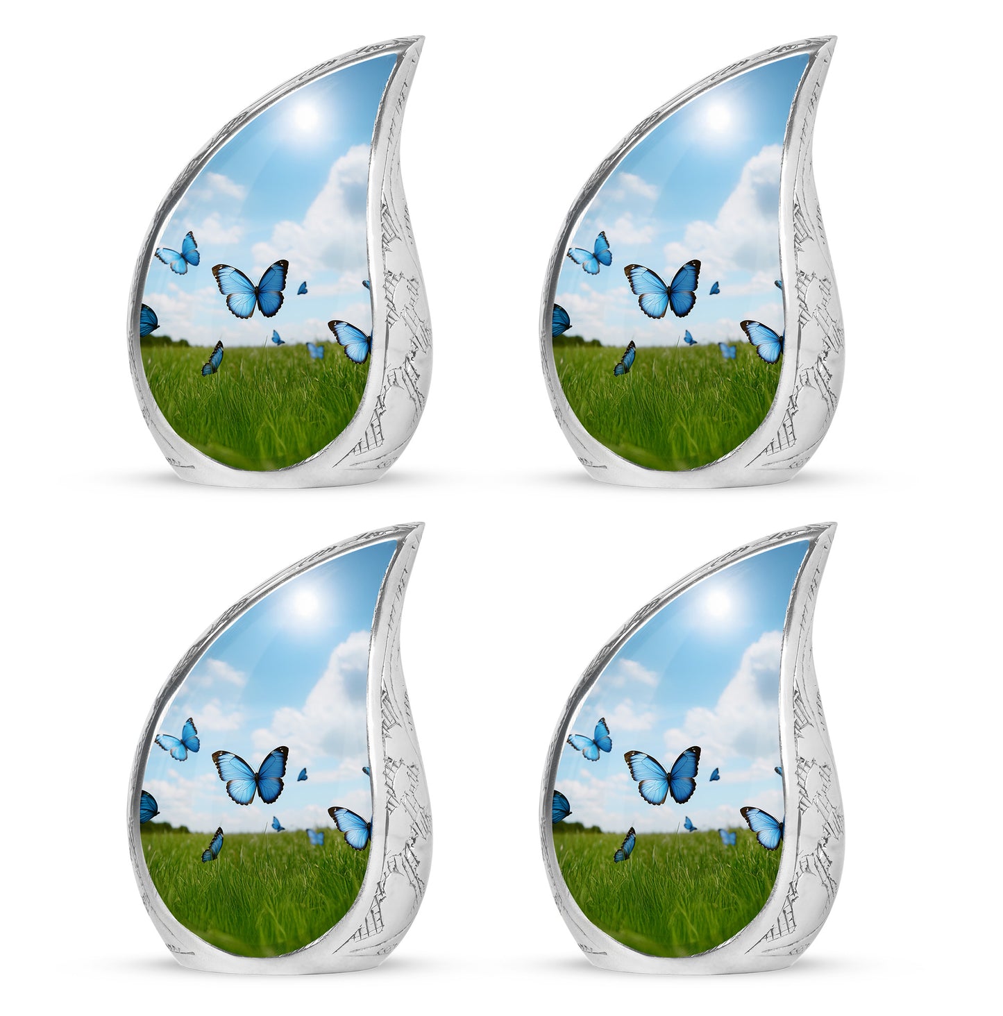 Azure Butterfly Cremation Urn close-up of engraving and surface detail - flowing teardrop butterfly silhouette on curved aluminum - 10 inch aluminum urn for cremated remains