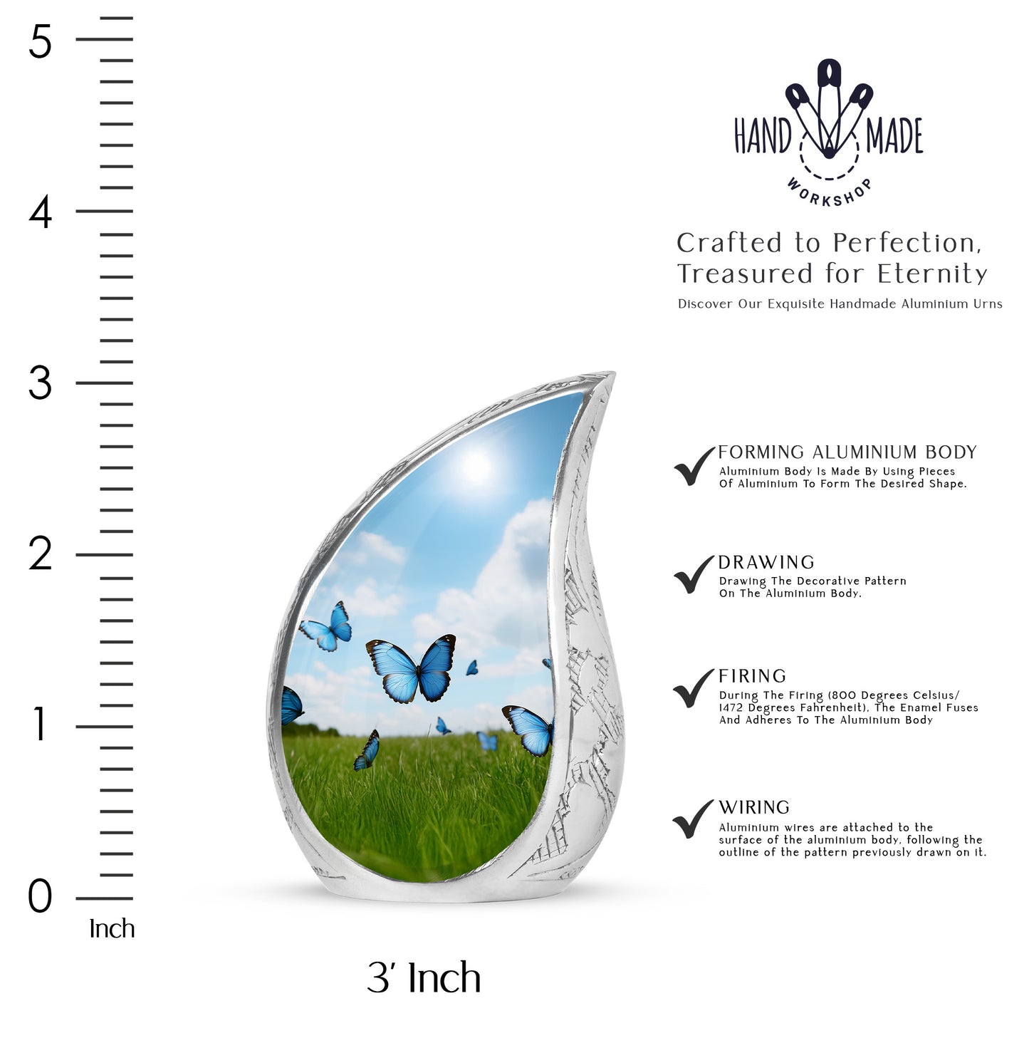 Misty Blue Butterfly Cremation Urn angled view of lid and engraved motif - rounded teardrop butterfly design with delicate detail - mini keepsake memorial for portion of cremation ashes