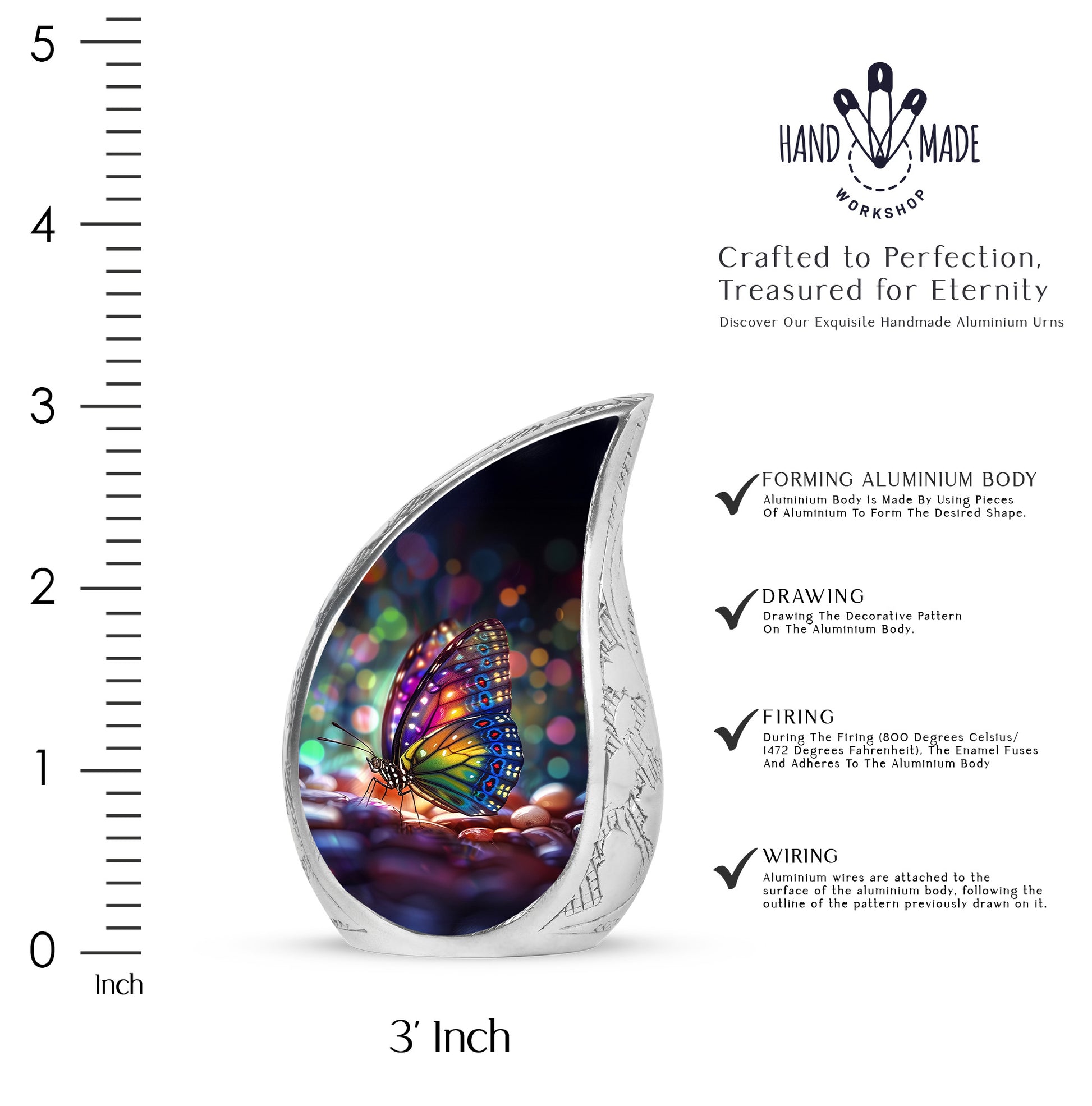 Navy Blue Butterfly Cremation Urn angled view of lid and engraved motif - rounded teardrop butterfly design with delicate detail - mini keepsake memorial for portion of cremation ashes