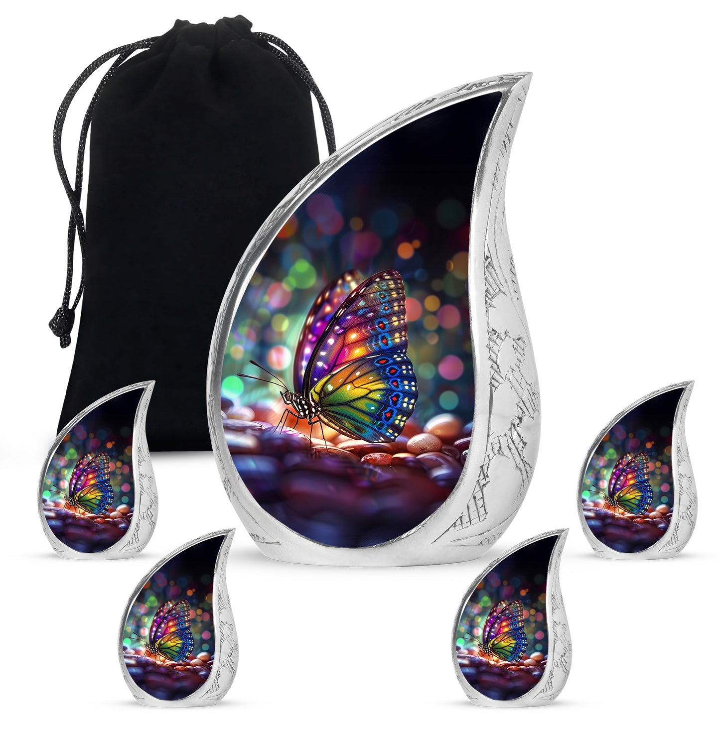 Sapphire Blue Butterfly Cremation Urn side profile showing urn shape - graceful tear-shaped urn with butterfly motif - memorial set with one large and four small urns