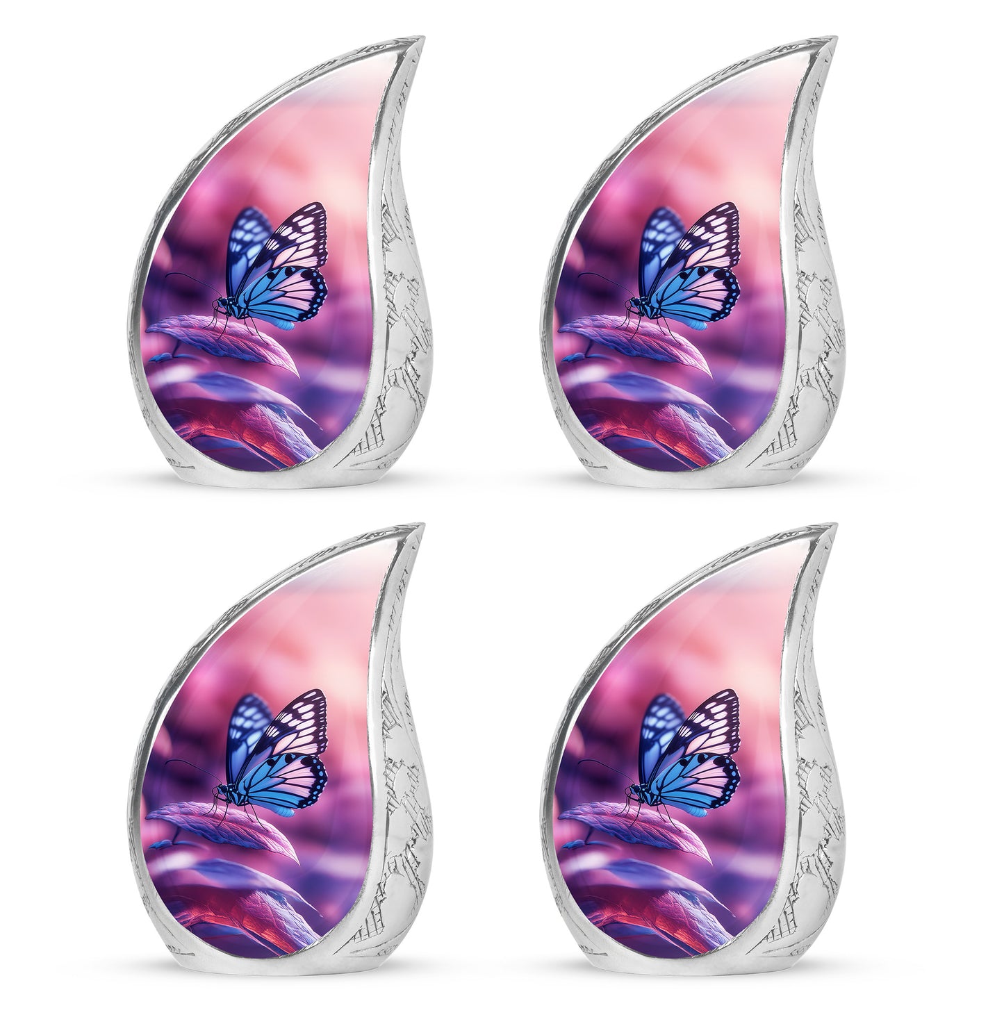 Vintage Pink Butterfly Cremation Urn close-up of engraving and surface detail - graceful tear-shaped urn with butterfly motif - 10 inch aluminum urn for cremated remains