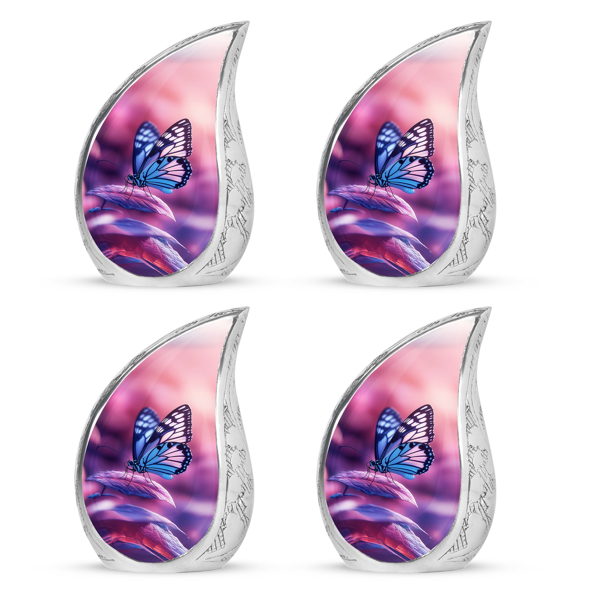 Vintage Pink Butterfly Cremation Urn close-up of engraving and surface detail - graceful tear-shaped urn with butterfly motif - 10 inch aluminum urn for cremated remains