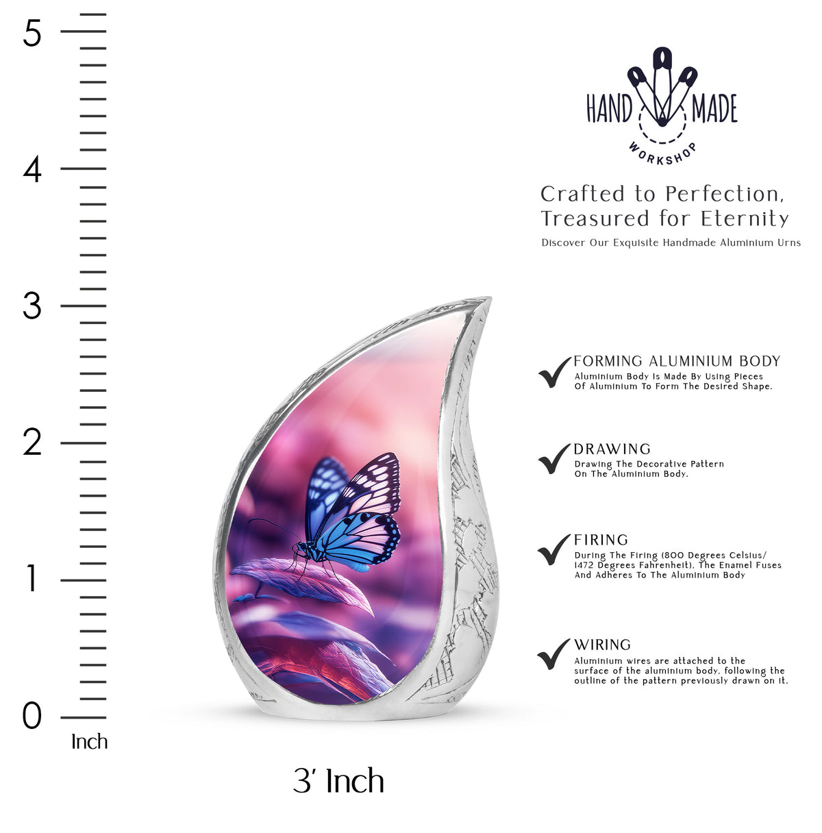 Rose Pink Butterfly Cremation Urn angled view of lid and engraved motif - flowing teardrop butterfly silhouette on curved aluminum - mini keepsake memorial for portion of cremation ashes