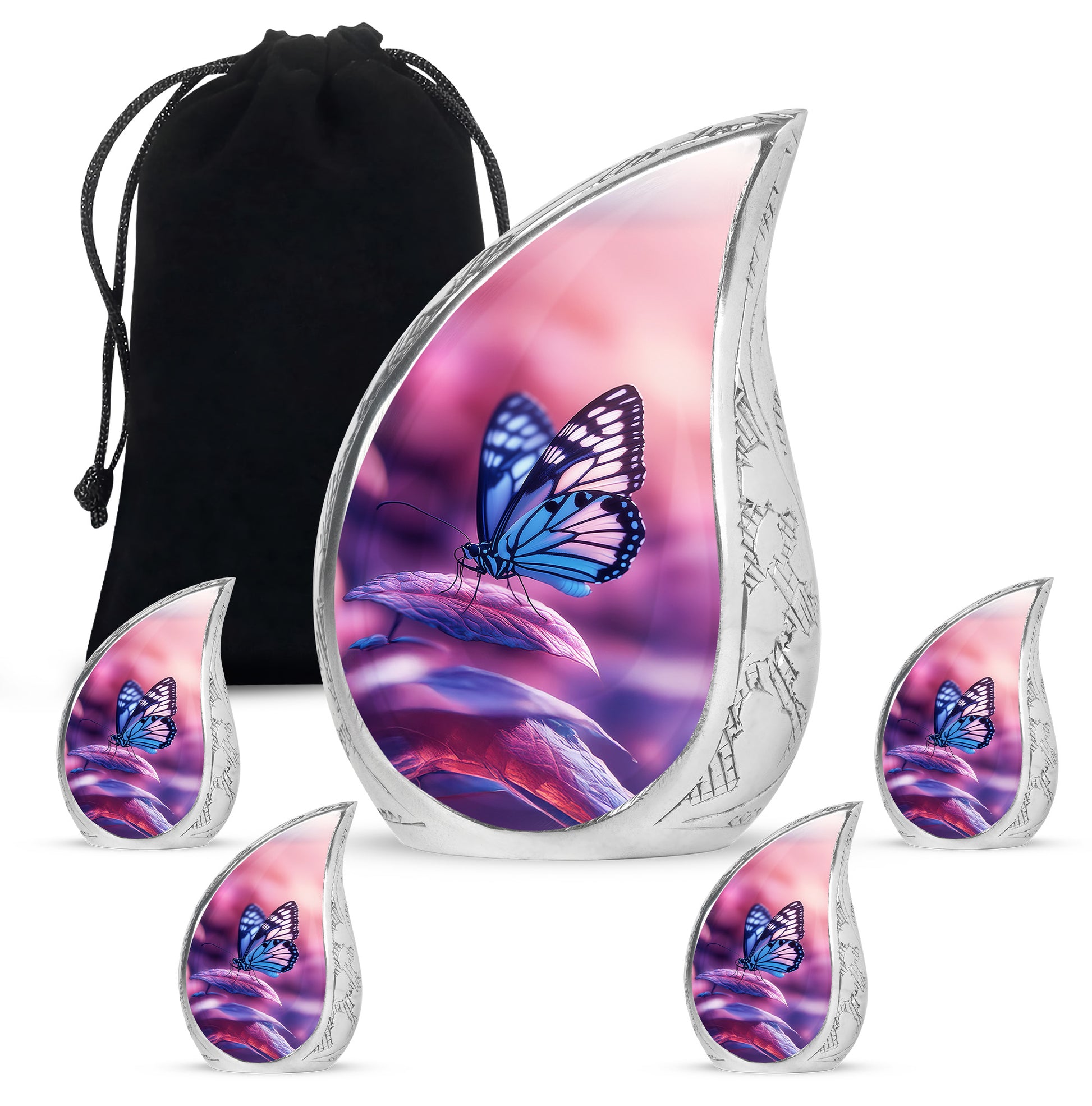 Rose Pink Butterfly Cremation Urn side profile showing urn shape - rounded teardrop butterfly design with delicate detail - memorial set with one large and four small urns
