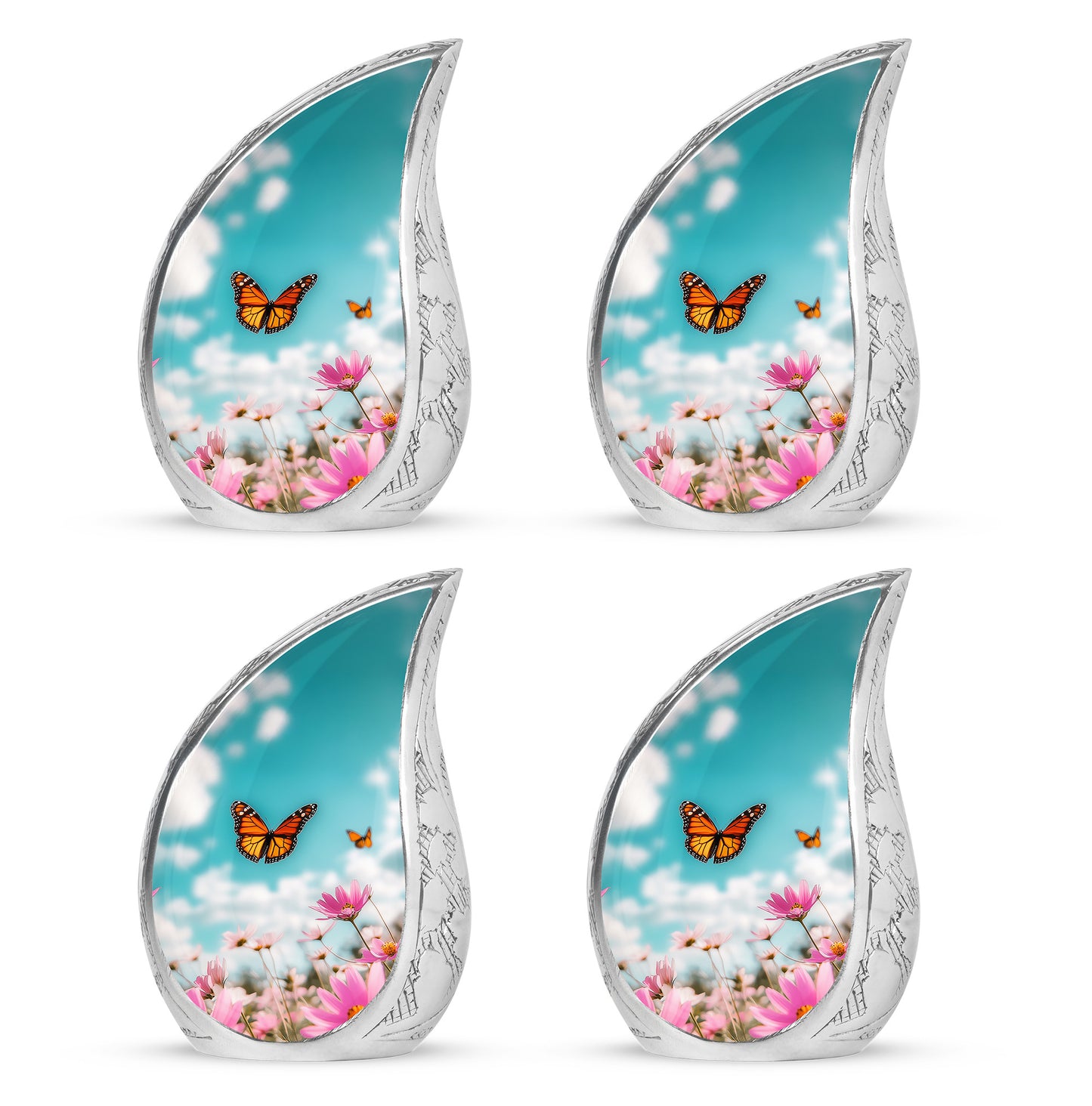 Soft Teal Butterfly Cremation Urn close-up of engraving and surface detail - flowing teardrop butterfly silhouette on curved aluminum - 10 inch aluminum urn for cremated remains