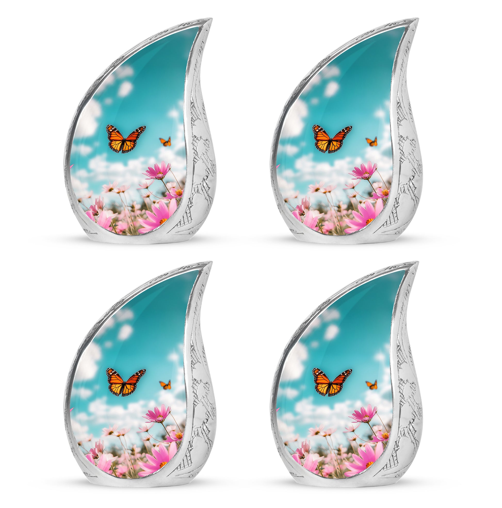 Soft Teal Butterfly Cremation Urn close-up of engraving and surface detail - flowing teardrop butterfly silhouette on curved aluminum - 10 inch aluminum urn for cremated remains
