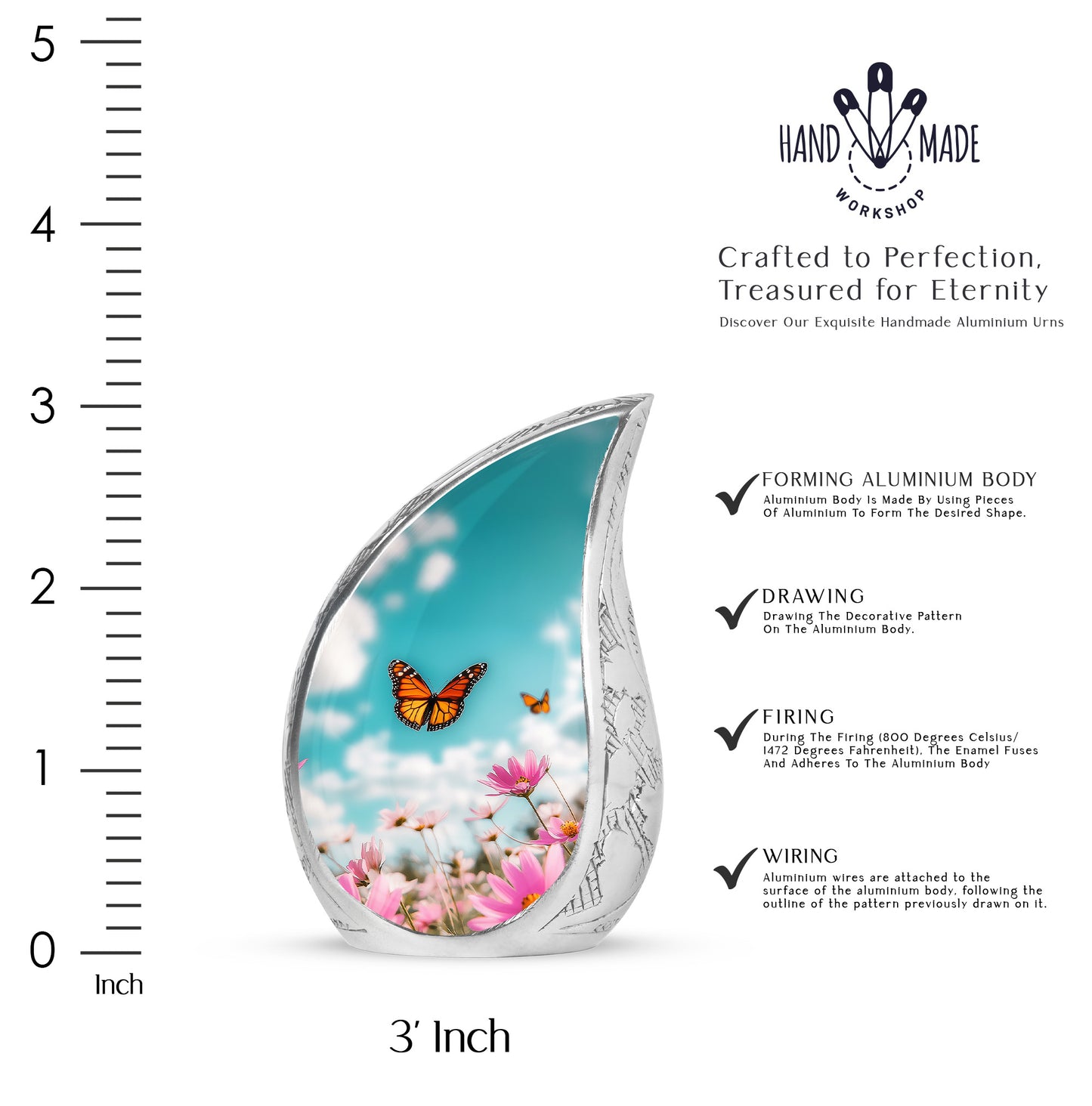 Vivid Teal Butterfly Cremation Urn angled view of lid and engraved motif - smooth teardrop contour featuring butterfly art - mini keepsake memorial for portion of cremation ashes