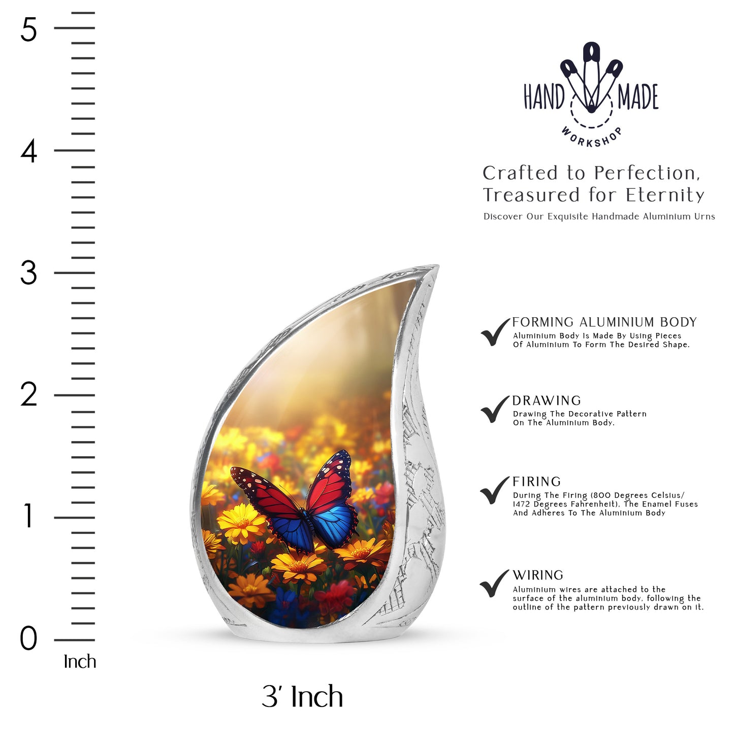 Amber Gold Butterfly Cremation Urn angled view of lid and engraved motif - rounded teardrop butterfly design with delicate detail - mini keepsake memorial for portion of cremation ashes