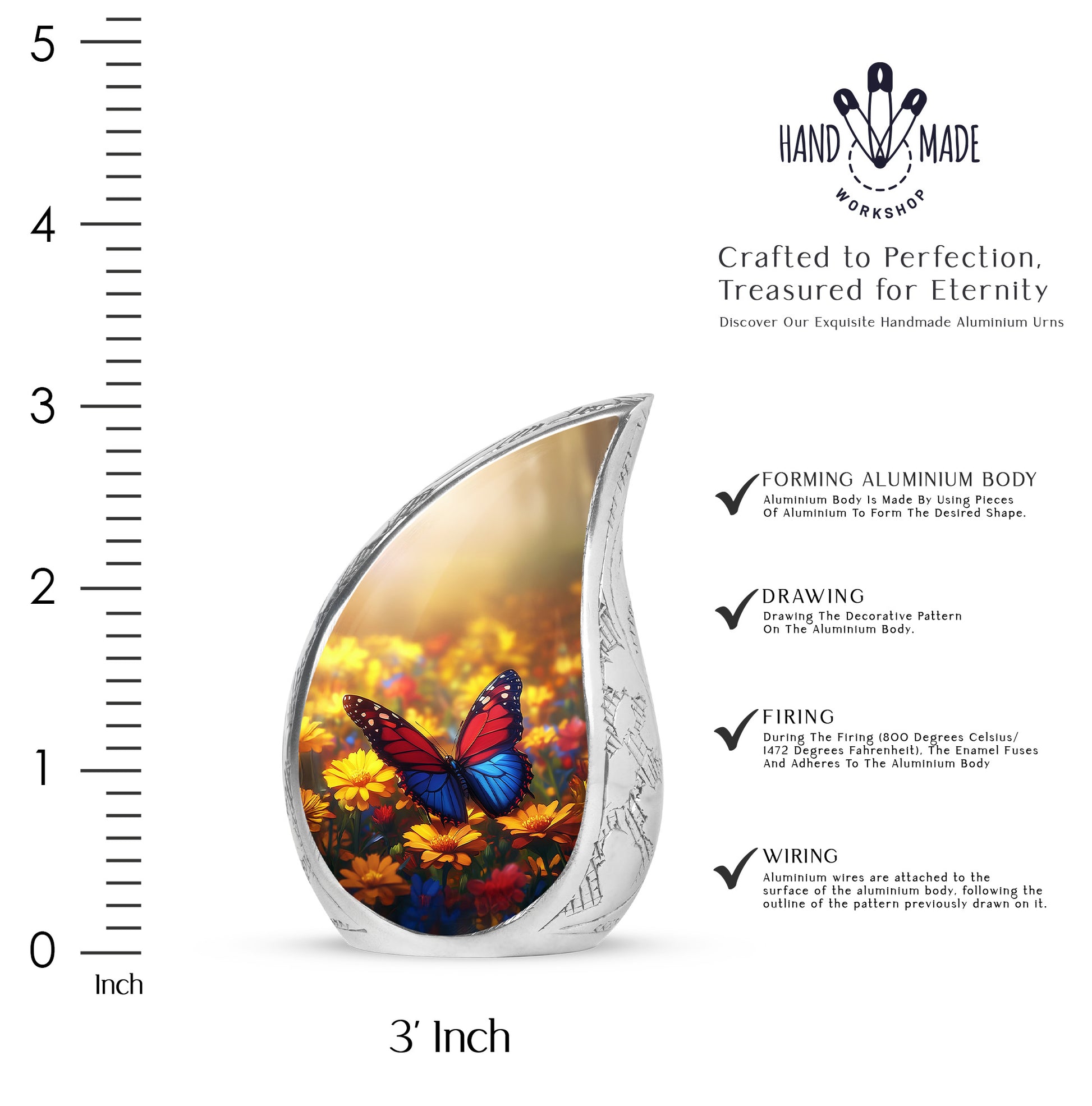 Amber Gold Butterfly Cremation Urn angled view of lid and engraved motif - rounded teardrop butterfly design with delicate detail - mini keepsake memorial for portion of cremation ashes