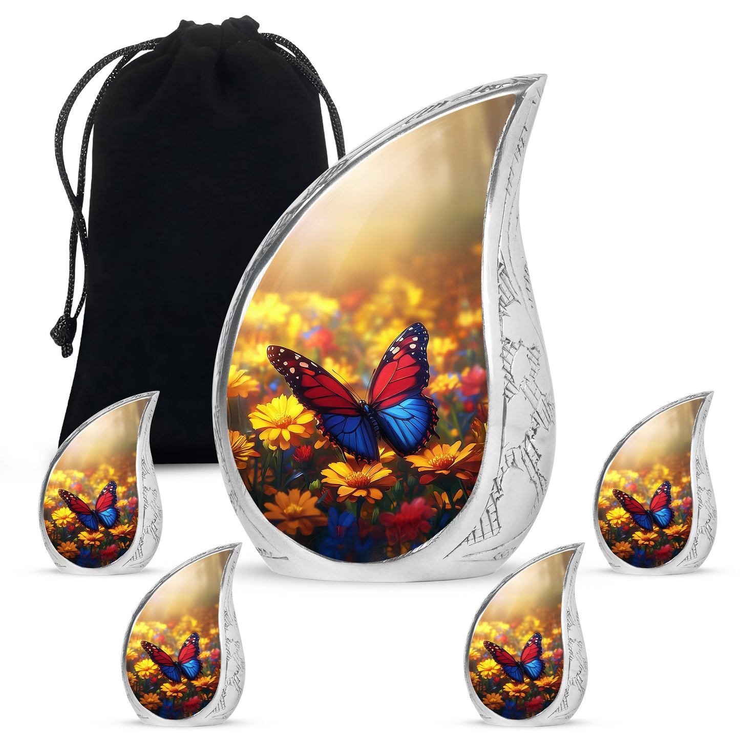 Sunrise Gold Butterfly Cremation Urn side profile showing urn shape - flowing teardrop butterfly silhouette on curved aluminum - memorial set with one large and four small urns