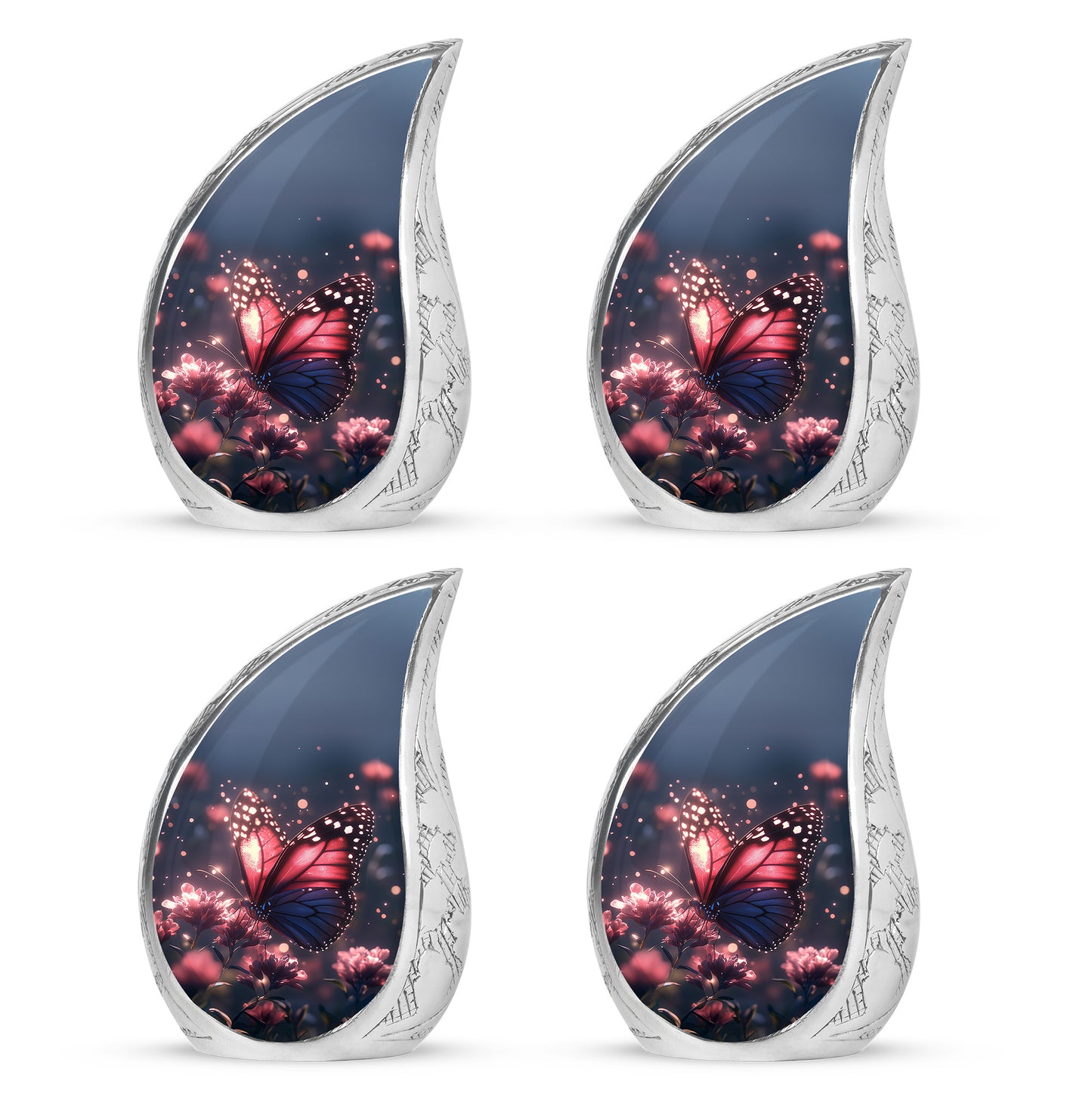 Azure Butterfly Cremation Urn close-up of engraving and surface detail - flowing teardrop butterfly silhouette on curved aluminum - 10 inch aluminum urn for cremated remains