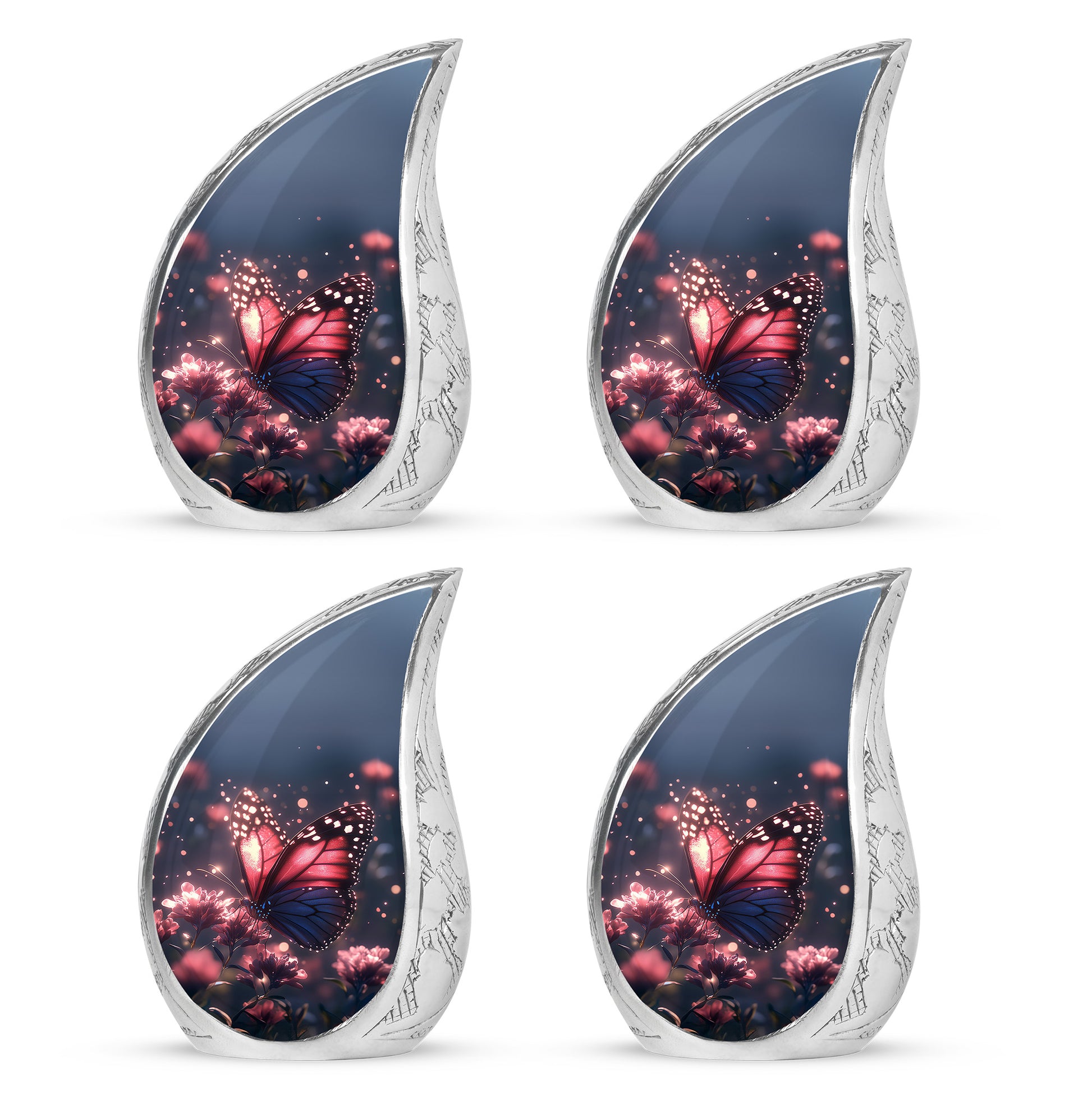 Azure Butterfly Cremation Urn close-up of engraving and surface detail - flowing teardrop butterfly silhouette on curved aluminum - 10 inch aluminum urn for cremated remains