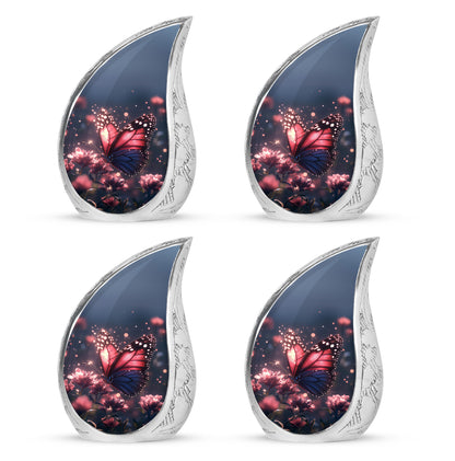 Azure Butterfly Cremation Urn close-up of engraving and surface detail - flowing teardrop butterfly silhouette on curved aluminum - 10 inch aluminum urn for cremated remains