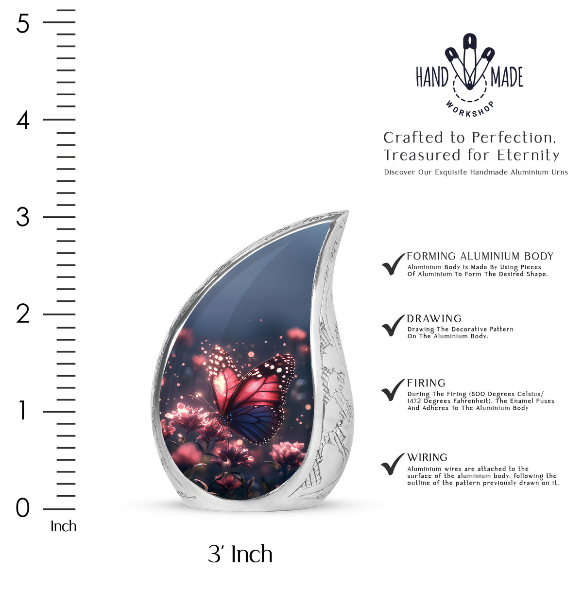 Cornflower Blue Butterfly Cremation Urn angled view of lid and engraved motif - graceful tear-shaped urn with butterfly motif - mini keepsake memorial for portion of cremation ashes