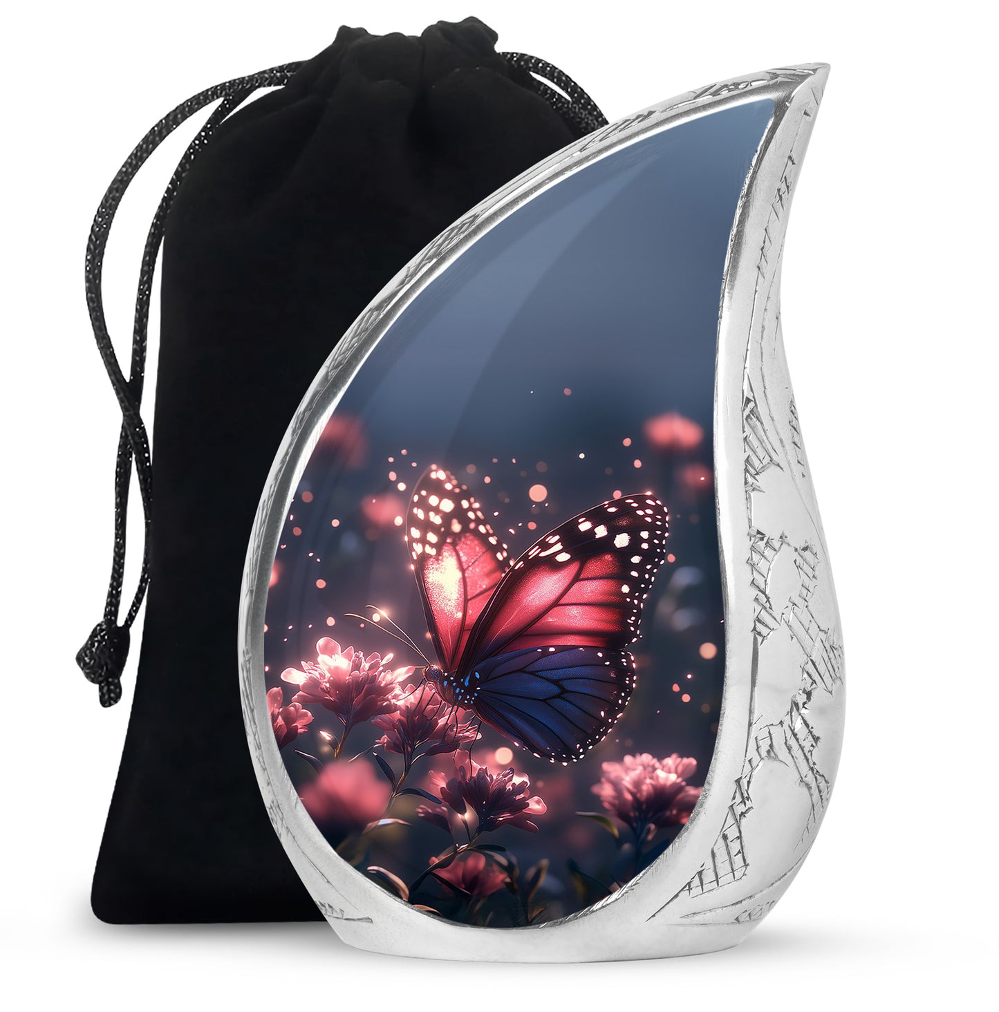 Slate Blue Butterfly Cremation Urn front view showing detailed design - flowing teardrop butterfly silhouette on curved aluminum - full-size 10 inch 200 cubic inch adult cremation urn