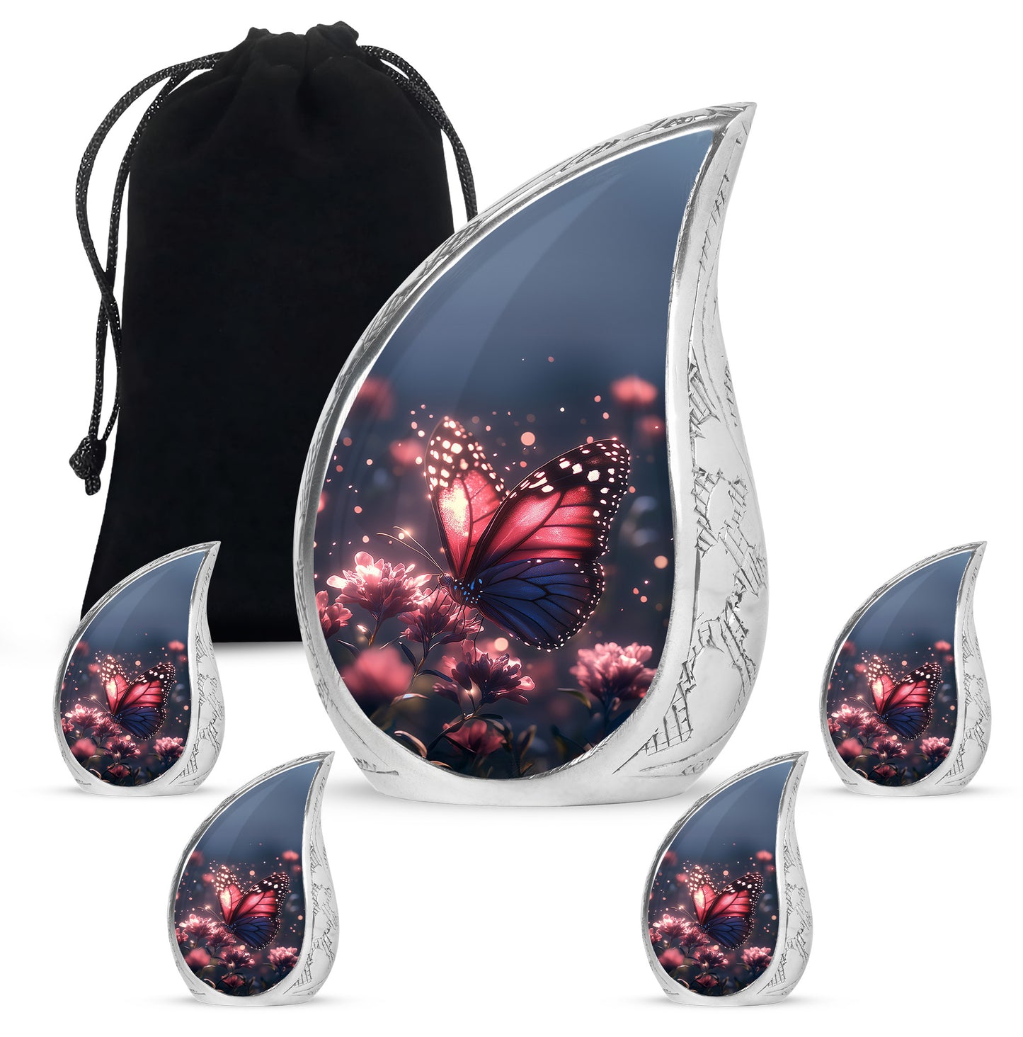 Twilight Blue Butterfly Cremation Urn side profile showing urn shape - smooth teardrop contour featuring butterfly art - memorial set with one large and four small urns