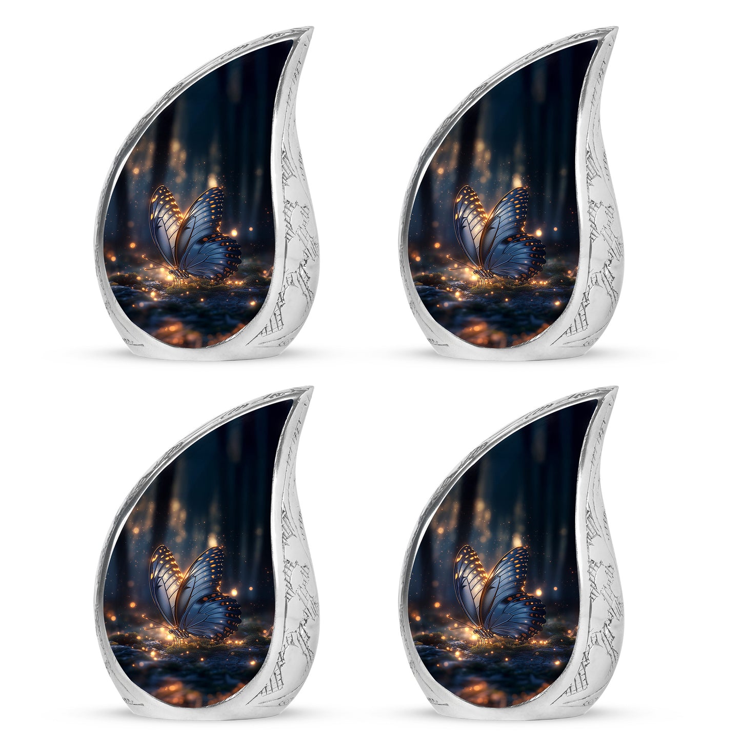 Midnight Black Butterfly Cremation Urn close-up of engraving and surface detail - graceful tear-shaped urn with butterfly motif - 10 inch aluminum urn for cremated remains