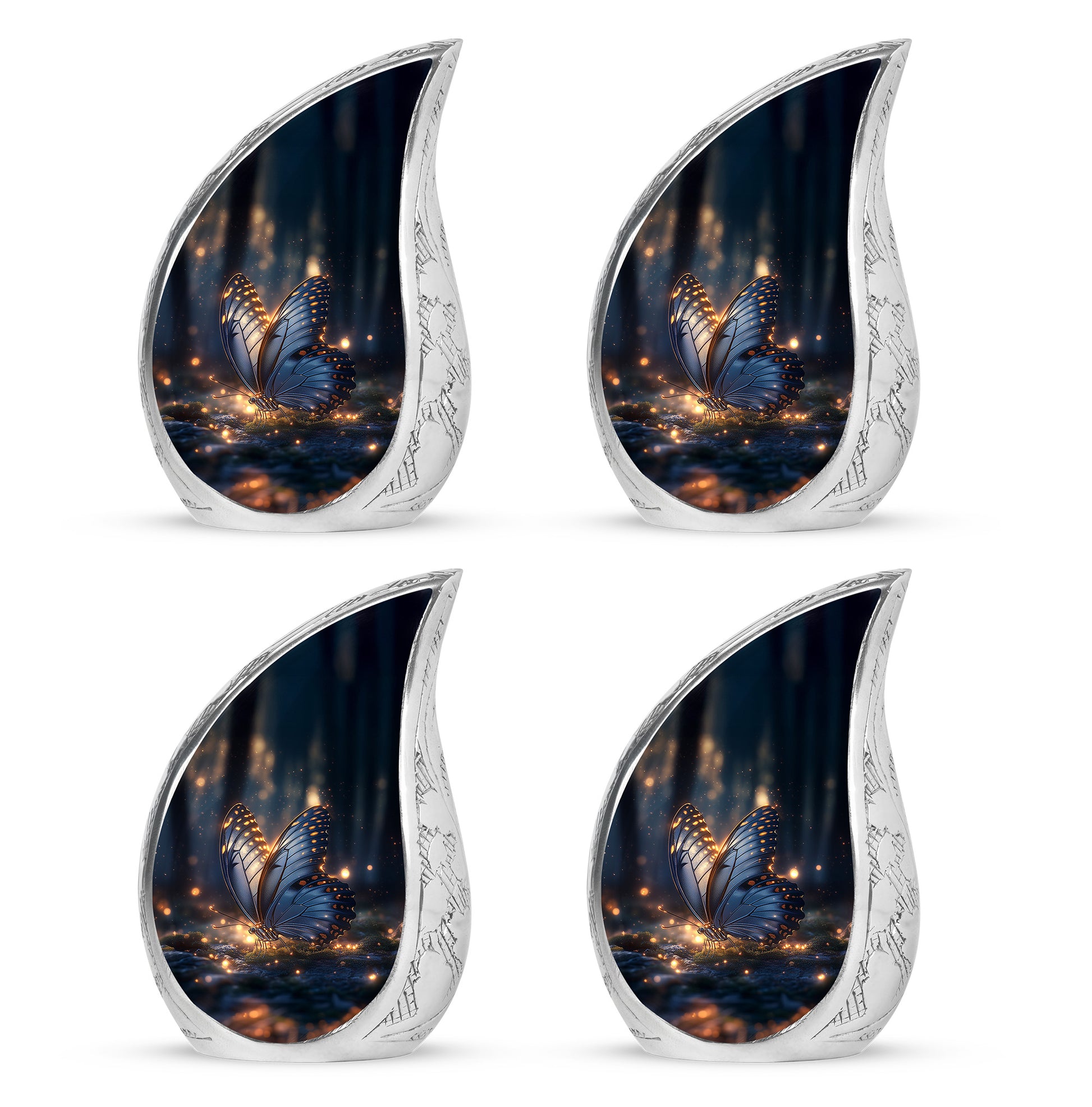 Midnight Black Butterfly Cremation Urn close-up of engraving and surface detail - graceful tear-shaped urn with butterfly motif - 10 inch aluminum urn for cremated remains