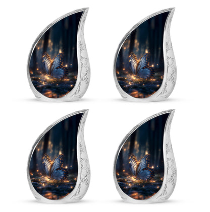 Midnight Black Butterfly Cremation Urn close-up of engraving and surface detail - graceful tear-shaped urn with butterfly motif - 10 inch aluminum urn for cremated remains