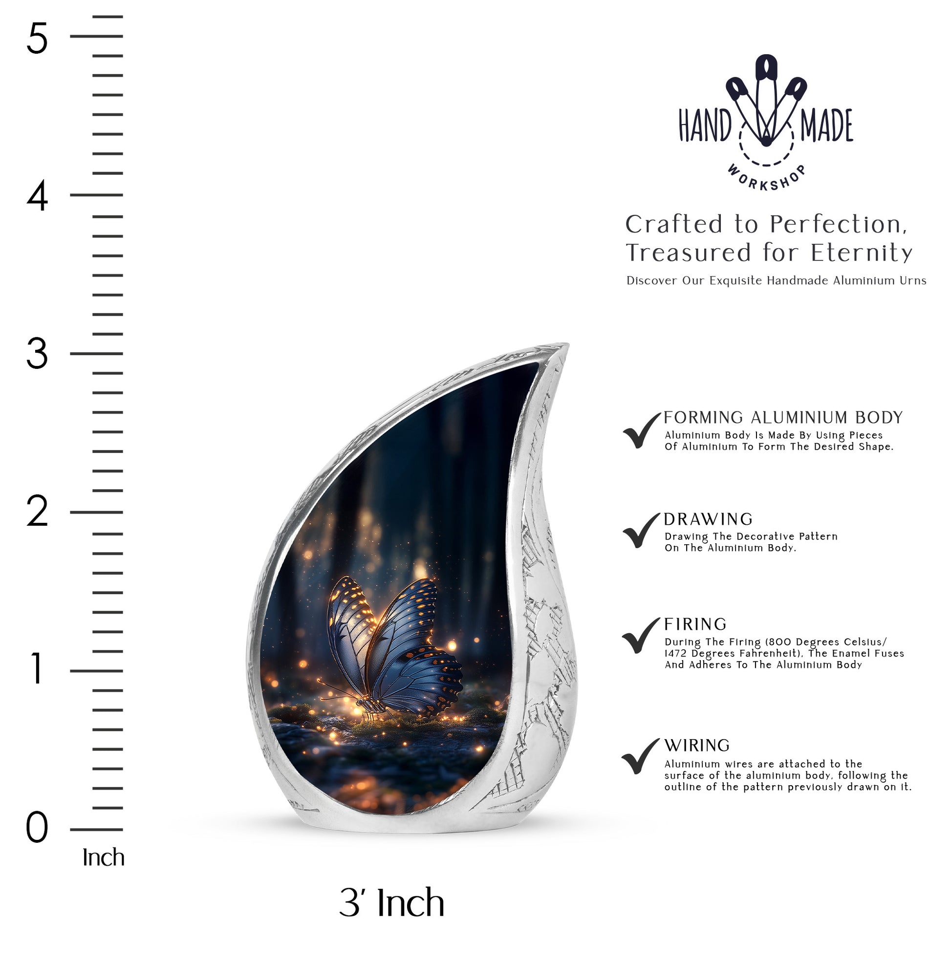 Midnight Black Butterfly Cremation Urn angled view of lid and engraved motif - smooth teardrop contour featuring butterfly art - mini keepsake memorial for portion of cremation ashes