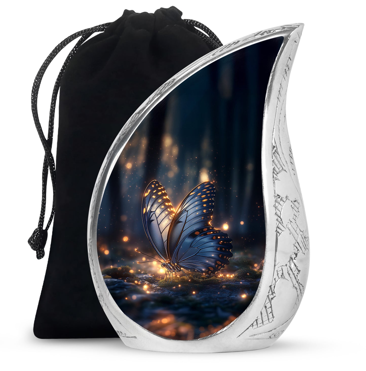 Dark Black Butterfly Cremation Urn front view showing detailed design - smooth teardrop contour featuring butterfly art - full-size 10 inch 200 cubic inch adult cremation urn