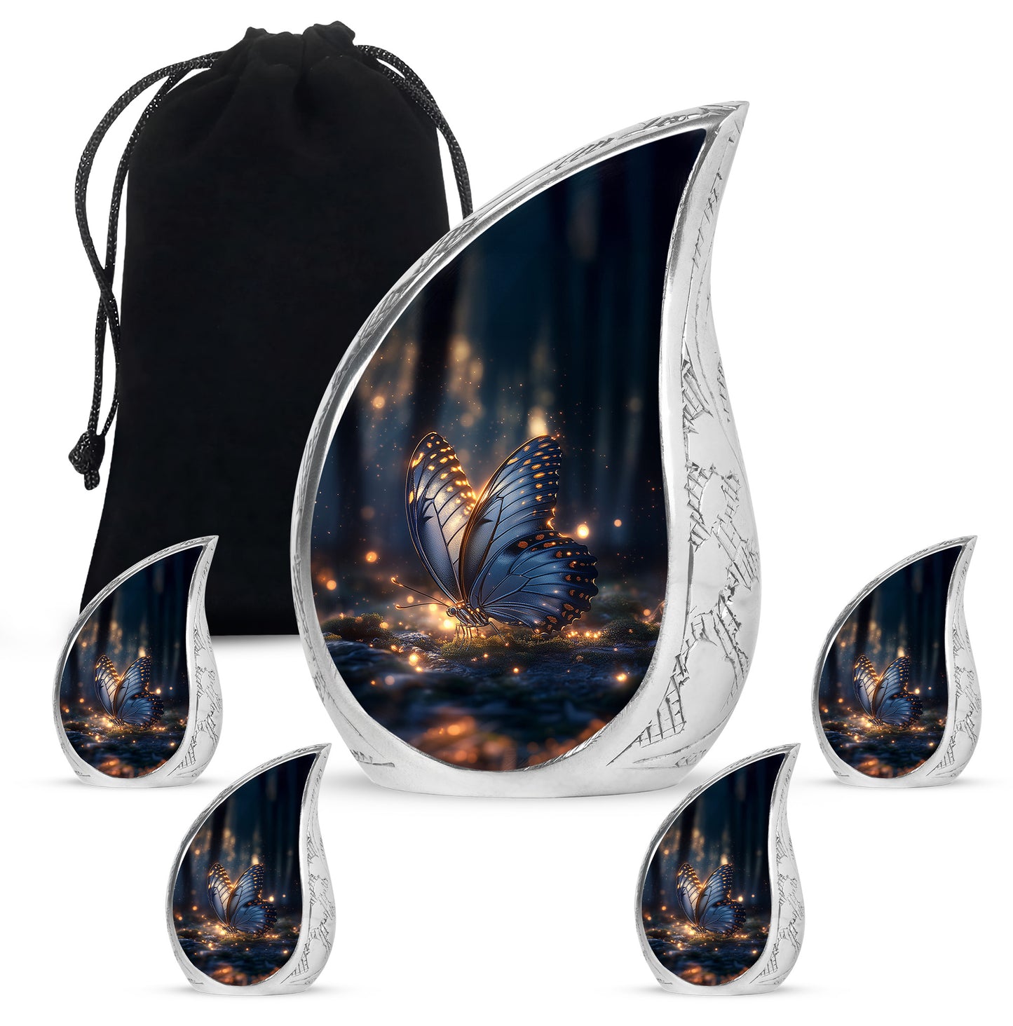 Midnight Black Butterfly Cremation Urn side profile showing urn shape - smooth teardrop contour featuring butterfly art - memorial set with one large and four small urns