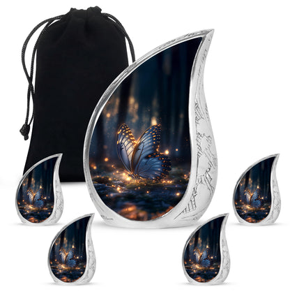 Midnight Black Butterfly Cremation Urn side profile showing urn shape - smooth teardrop contour featuring butterfly art - memorial set with one large and four small urns