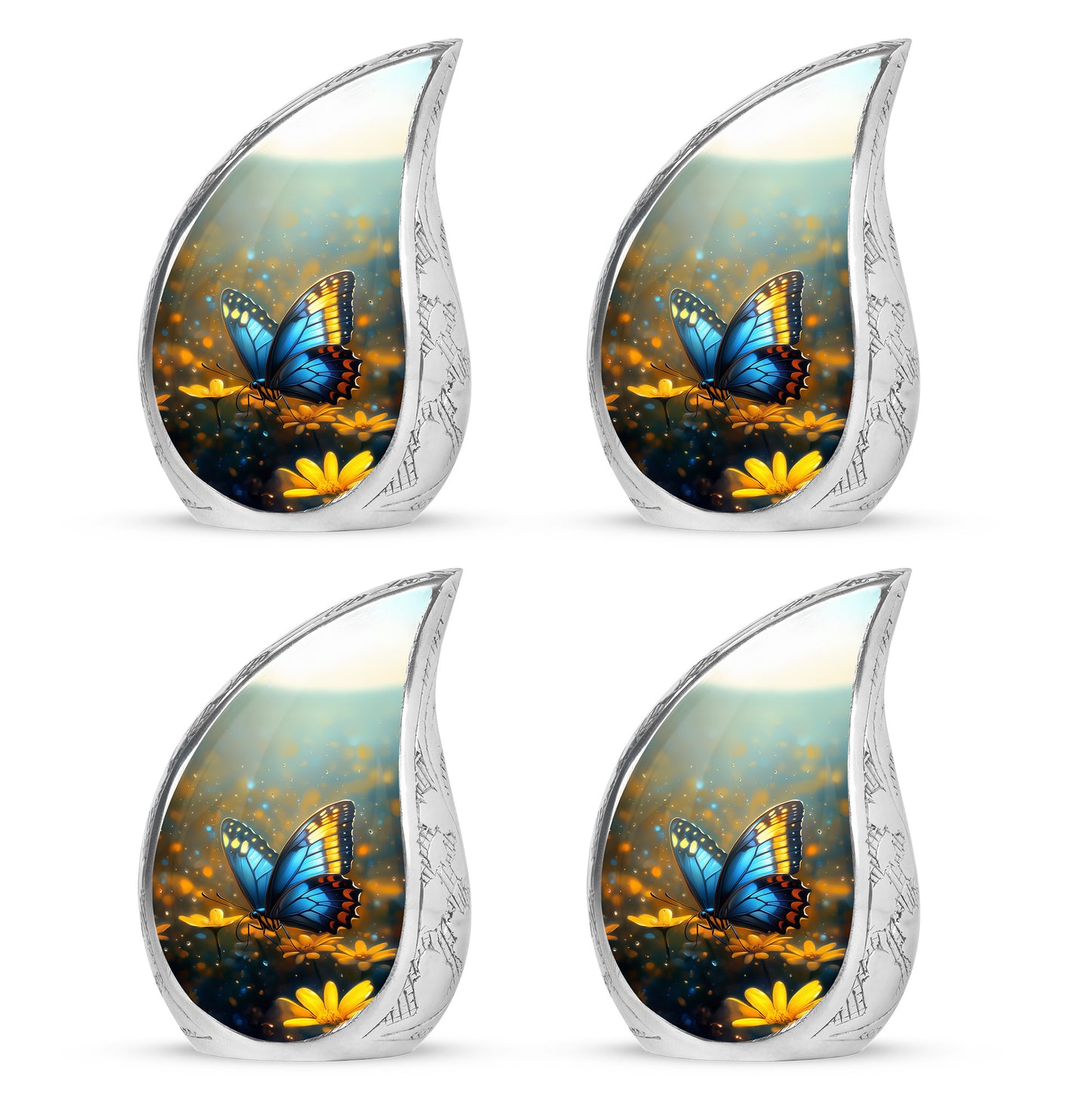 Storm Gray Butterfly Cremation Urn close-up of engraving and surface detail - smooth teardrop contour featuring butterfly art - 10 inch aluminum urn for cremated remains