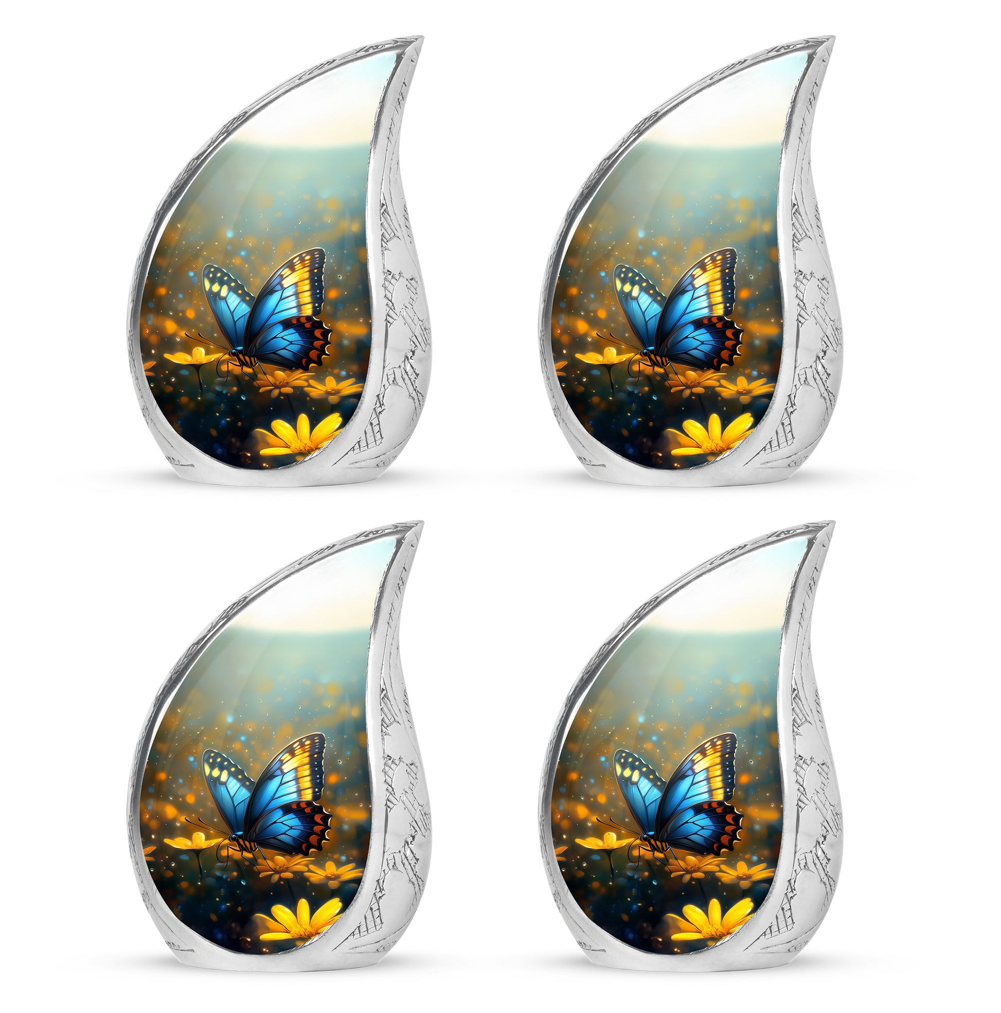 Storm Gray Butterfly Cremation Urn close-up of engraving and surface detail - smooth teardrop contour featuring butterfly art - 10 inch aluminum urn for cremated remains