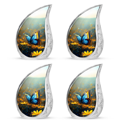 Storm Gray Butterfly Cremation Urn close-up of engraving and surface detail - smooth teardrop contour featuring butterfly art - 10 inch aluminum urn for cremated remains
