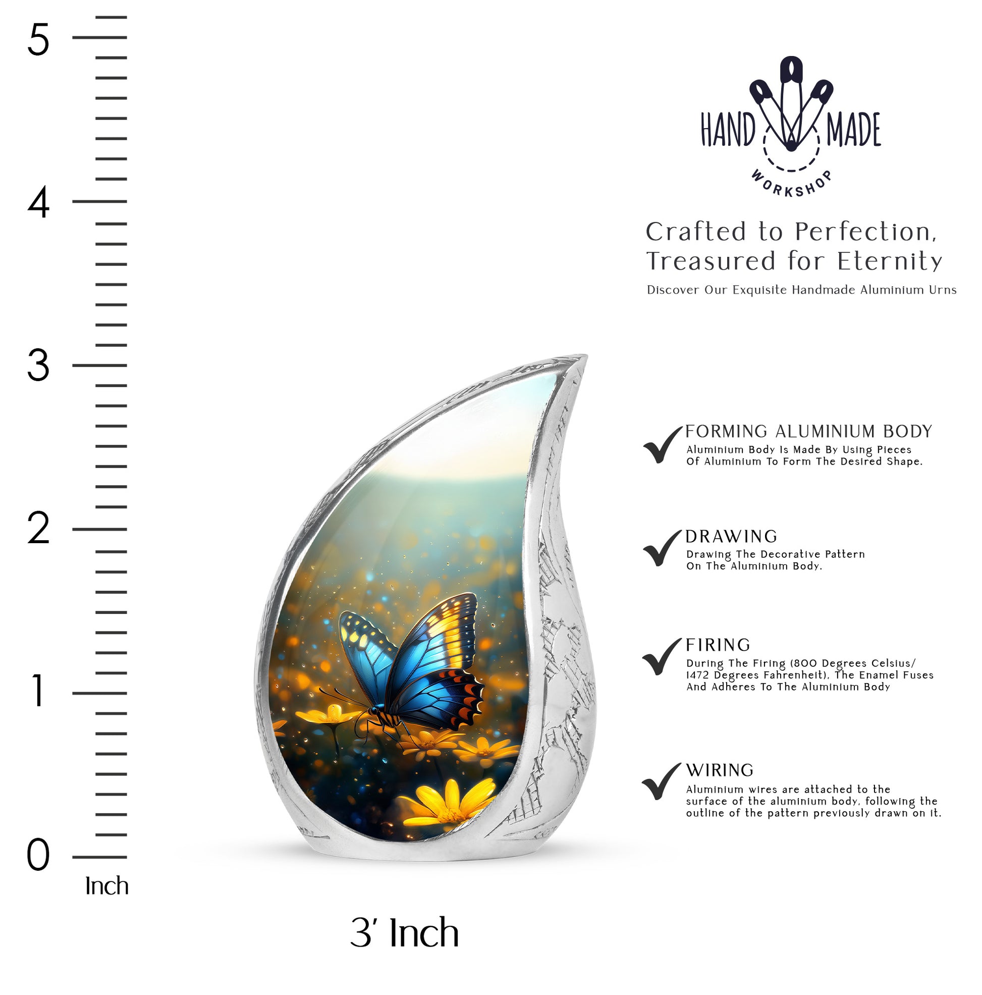 Dove Gray Butterfly Cremation Urn angled view of lid and engraved motif - flowing teardrop butterfly silhouette on curved aluminum - mini keepsake memorial for portion of cremation ashes