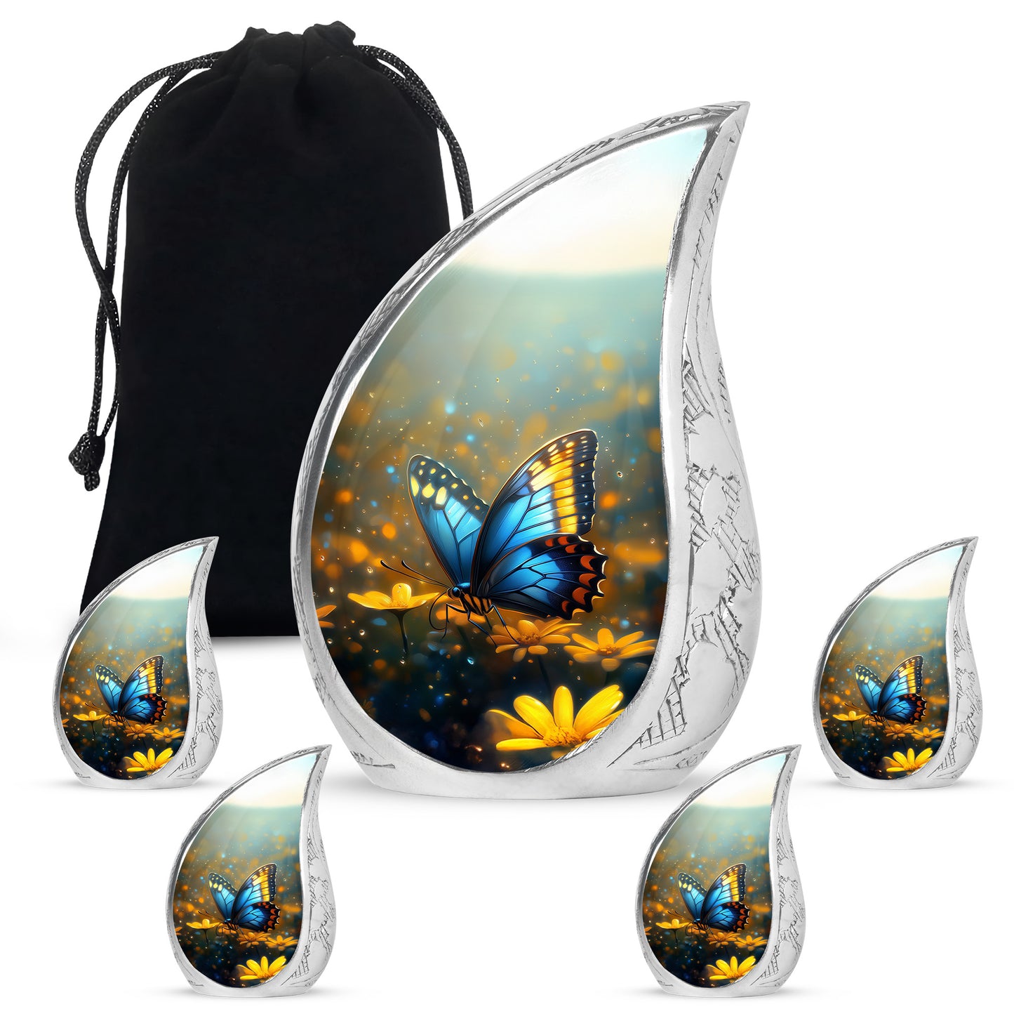 Steel Gray Butterfly Cremation Urn side profile showing urn shape - smooth teardrop contour featuring butterfly art - memorial set with one large and four small urns