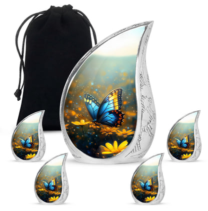 Steel Gray Butterfly Cremation Urn side profile showing urn shape - smooth teardrop contour featuring butterfly art - memorial set with one large and four small urns