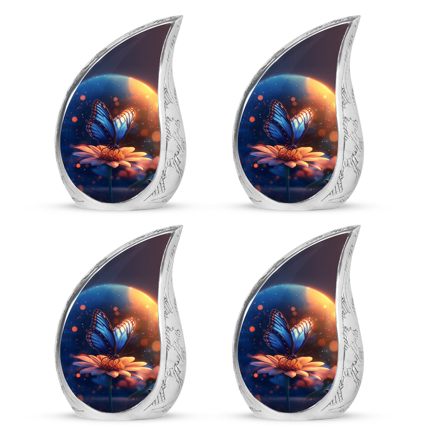 Celestial Blue Butterfly Cremation Urn close-up of engraving and surface detail - rounded teardrop butterfly design with delicate detail - 10 inch aluminum urn for cremated remains