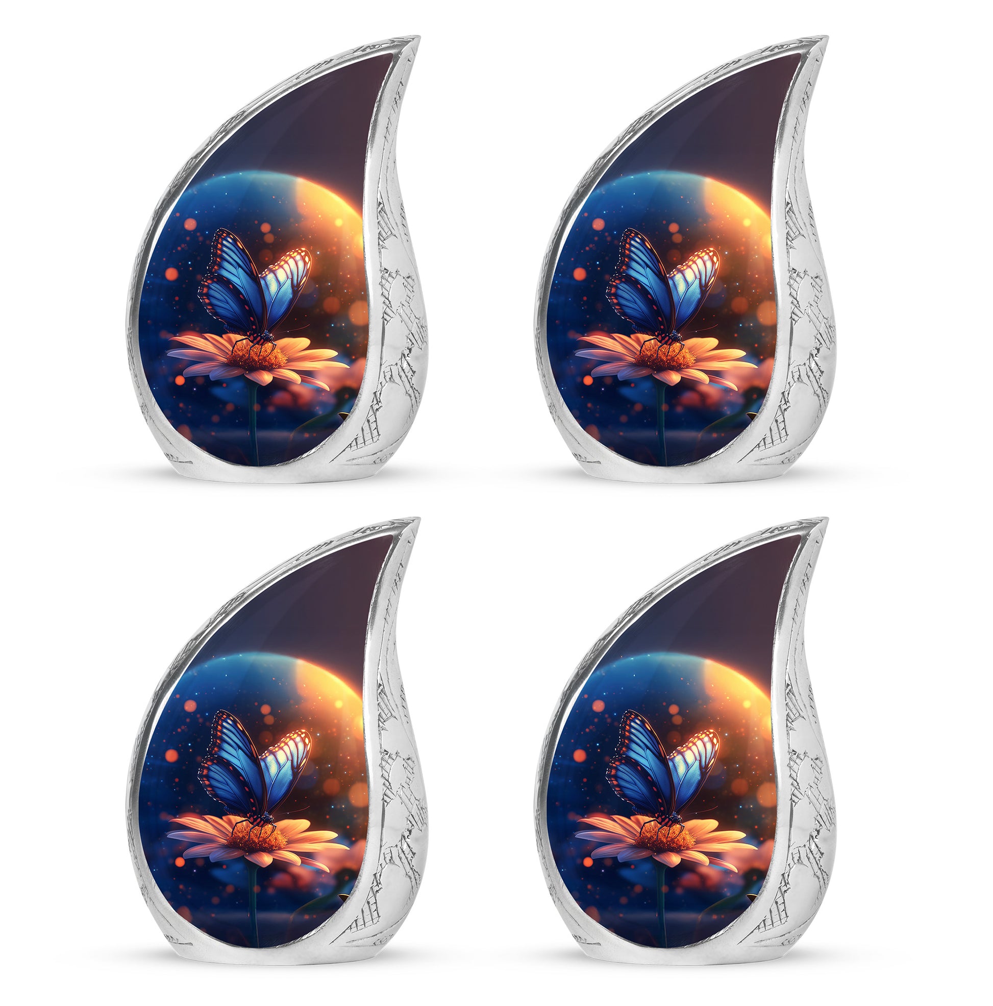 Celestial Blue Butterfly Cremation Urn close-up of engraving and surface detail - rounded teardrop butterfly design with delicate detail - 10 inch aluminum urn for cremated remains