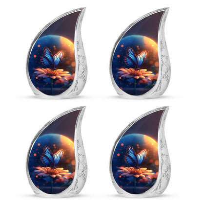 Celestial Blue Butterfly Cremation Urn close-up of engraving and surface detail - rounded teardrop butterfly design with delicate detail - 10 inch aluminum urn for cremated remains