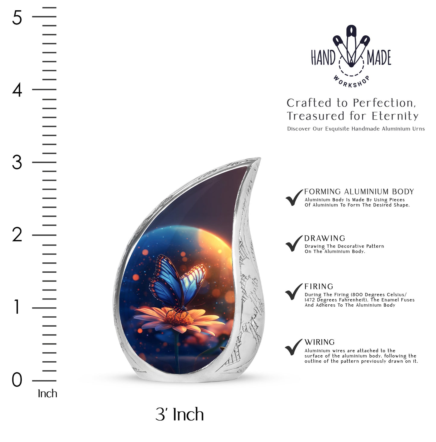 Twilight Blue Butterfly Cremation Urn angled view of lid and engraved motif - graceful tear-shaped urn with butterfly motif - mini keepsake memorial for portion of cremation ashes