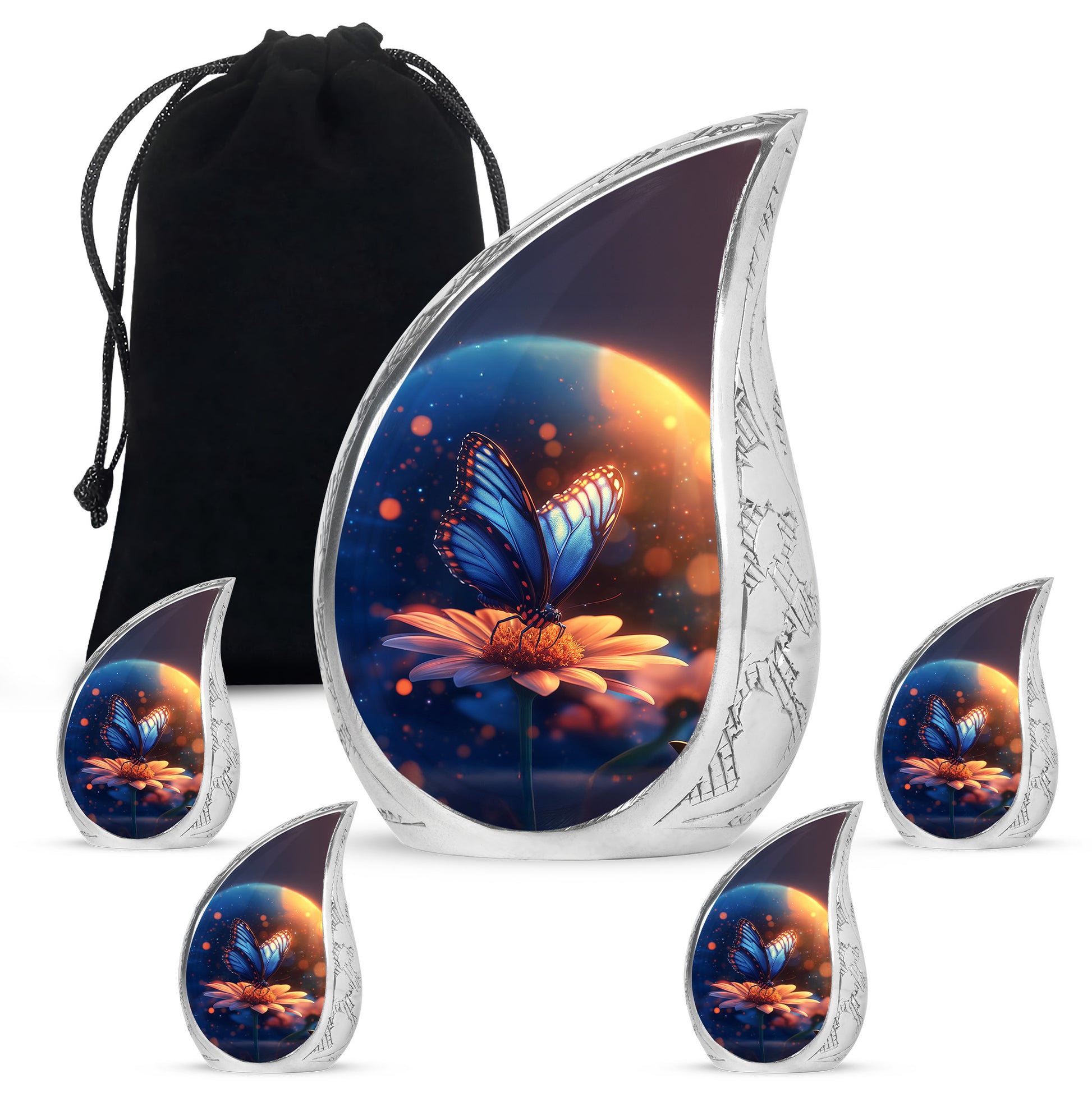 Pastel Blue Butterfly Cremation Urn side profile showing urn shape - flowing teardrop butterfly silhouette on curved aluminum - memorial set with one large and four small urns