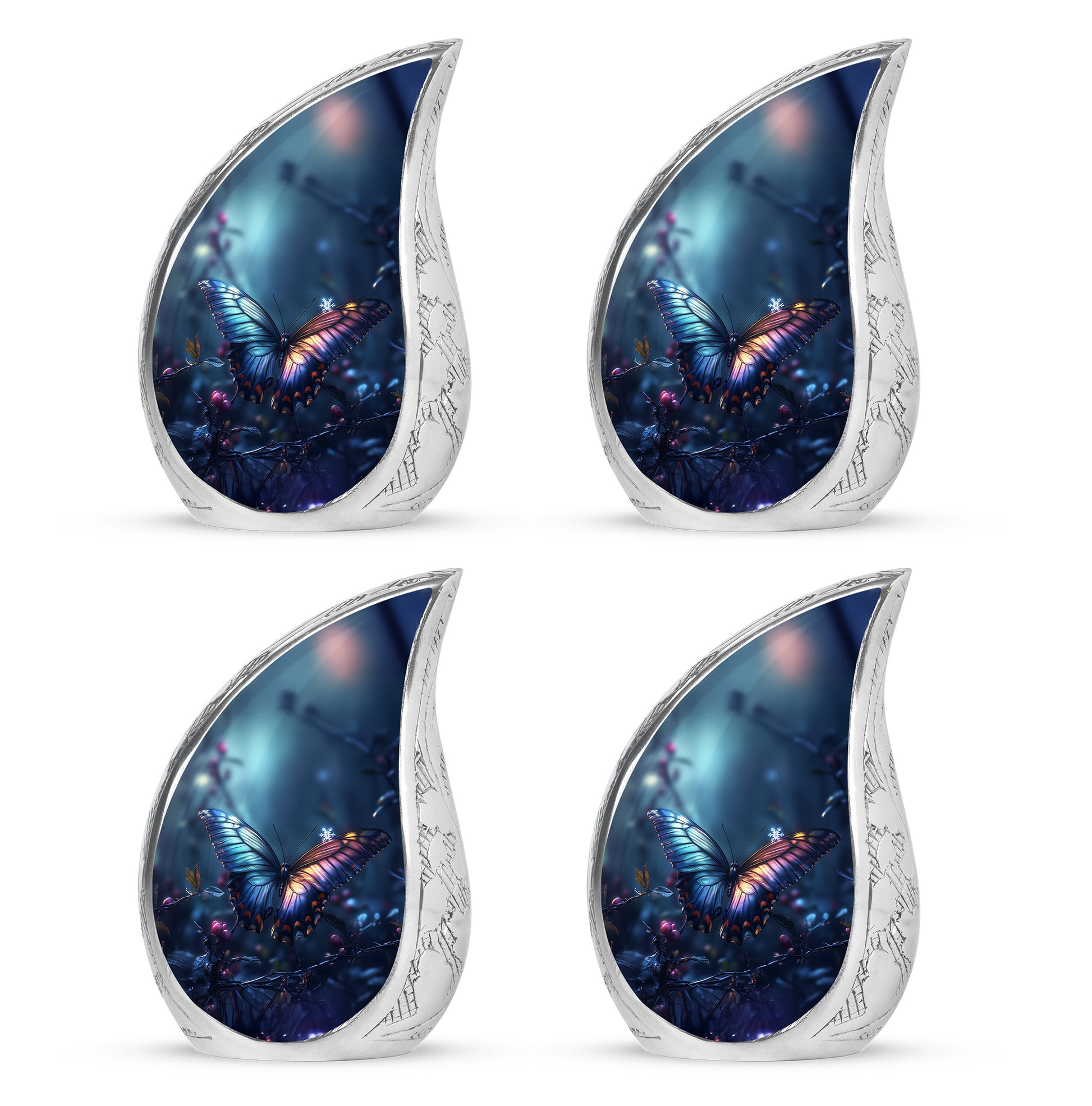 Icy Blue Butterfly Cremation Urn close-up of engraving and surface detail - flowing teardrop butterfly silhouette on curved aluminum - 10 inch aluminum urn for cremated remains