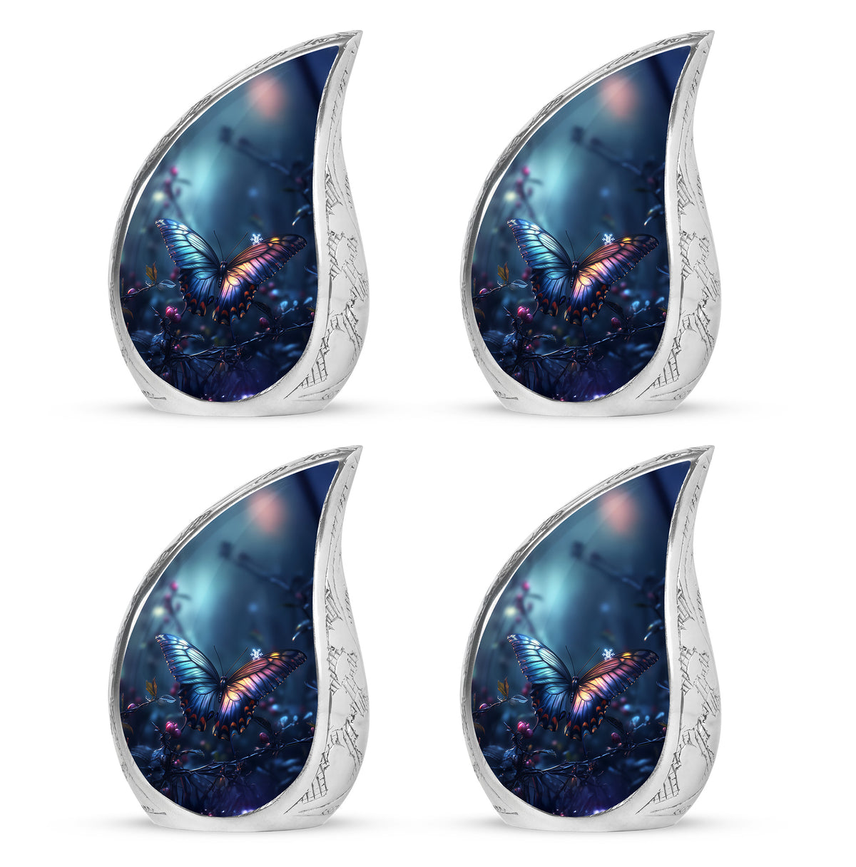 Icy Blue Butterfly Cremation Urn close-up of engraving and surface detail - flowing teardrop butterfly silhouette on curved aluminum - 10 inch aluminum urn for cremated remains
