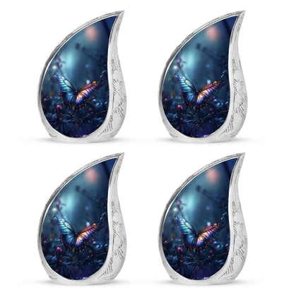 Icy Blue Butterfly Cremation Urn close-up of engraving and surface detail - flowing teardrop butterfly silhouette on curved aluminum - 10 inch aluminum urn for cremated remains