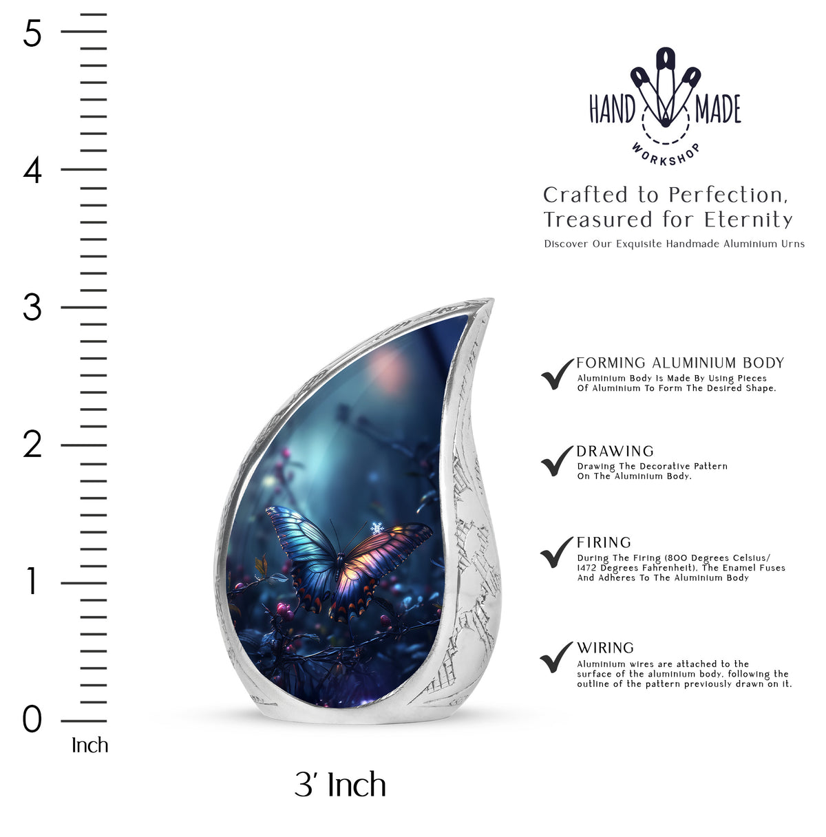 Icy Blue Butterfly Cremation Urn angled view of lid and engraved motif - flowing teardrop butterfly silhouette on curved aluminum - mini keepsake memorial for portion of cremation ashes