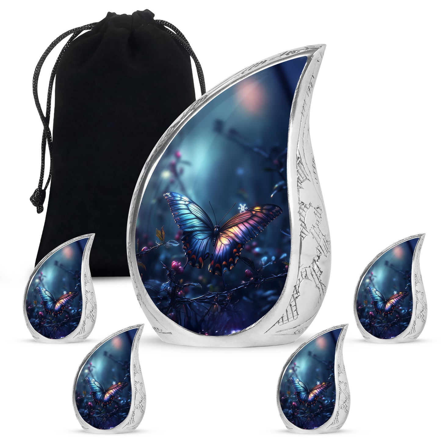 Steel Blue Butterfly Cremation Urn side profile showing urn shape - smooth teardrop contour featuring butterfly art - memorial set with one large and four small urns