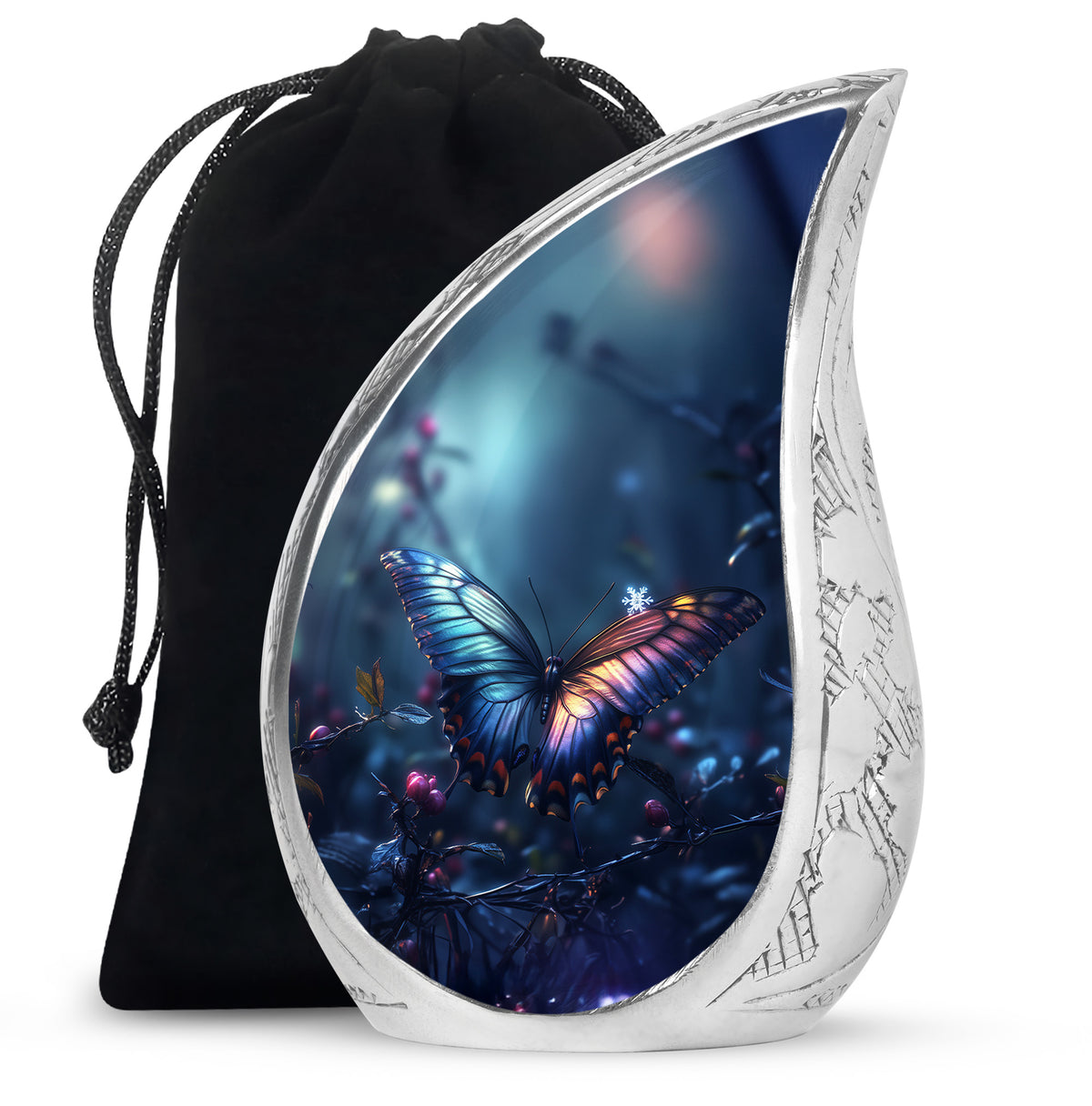 Twilight Blue Butterfly Cremation Urn front view showing detailed design - graceful tear-shaped urn with butterfly motif - full-size 10 inch 200 cubic inch adult cremation urn