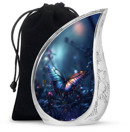 Twilight Blue Butterfly Cremation Urn front view showing detailed design - graceful tear-shaped urn with butterfly motif - full-size 10 inch 200 cubic inch adult cremation urn