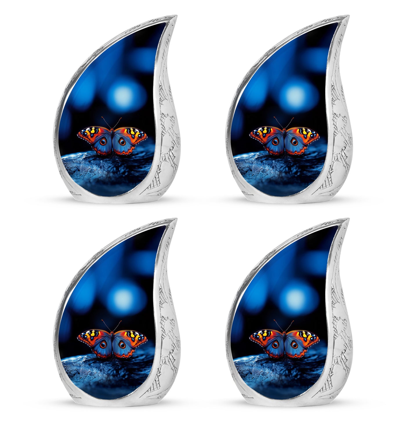 Dark Black Butterfly Cremation Urn close-up of engraving and surface detail - smooth teardrop contour featuring butterfly art - 10 inch aluminum urn for cremated remains