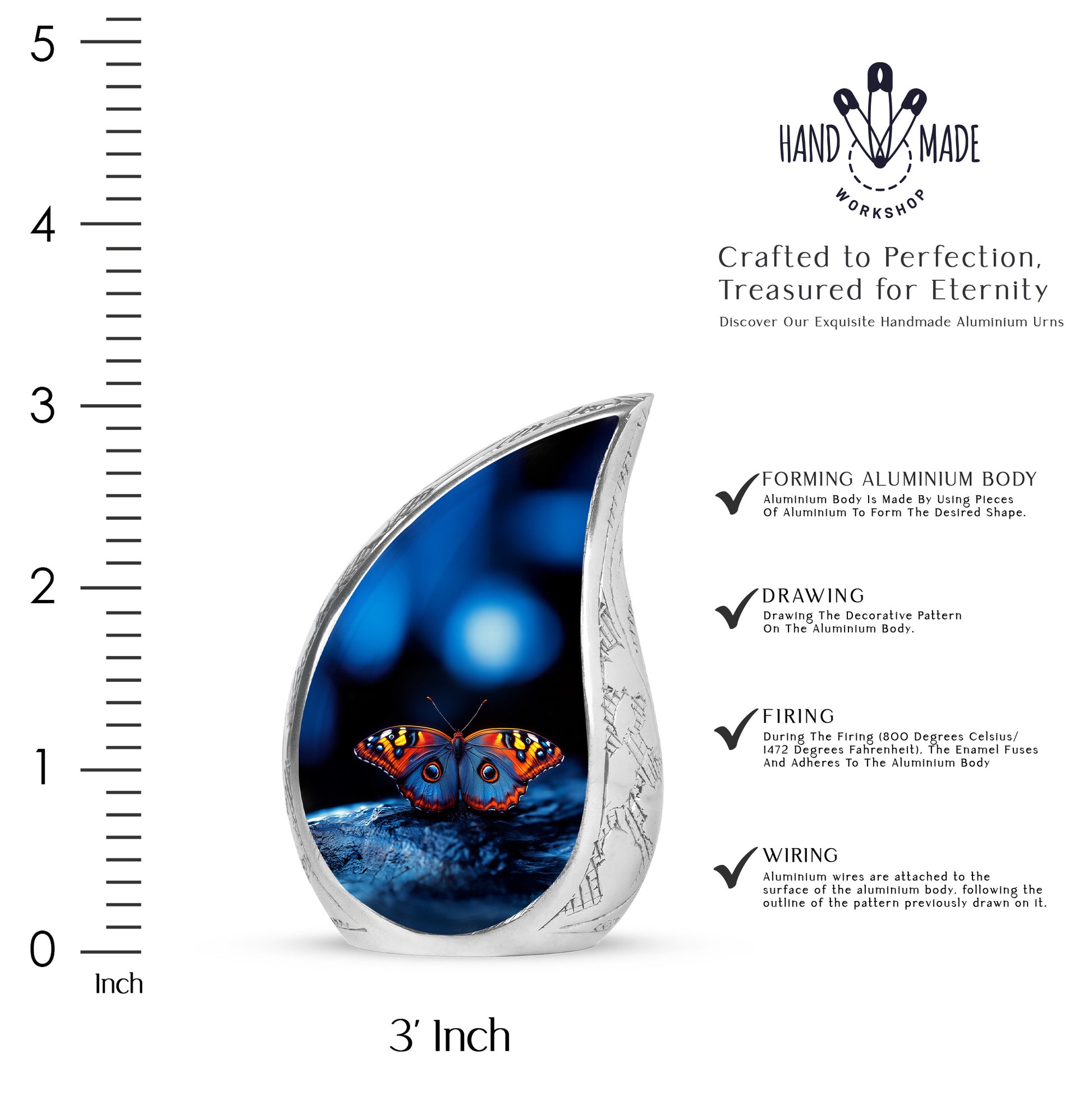 Obsidian Black Butterfly Cremation Urn angled view of lid and engraved motif - graceful tear-shaped urn with butterfly motif - mini keepsake memorial for portion of cremation ashes