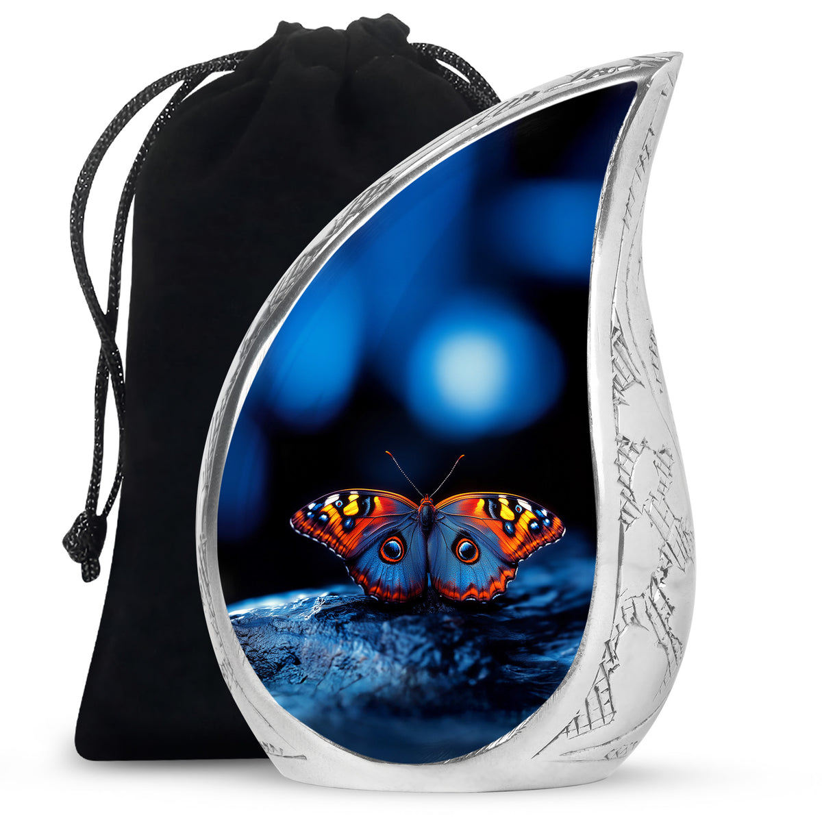 Deep Black Butterfly Cremation Urn front view showing detailed design - rounded teardrop butterfly design with delicate detail - full-size 10 inch 200 cubic inch adult cremation urn